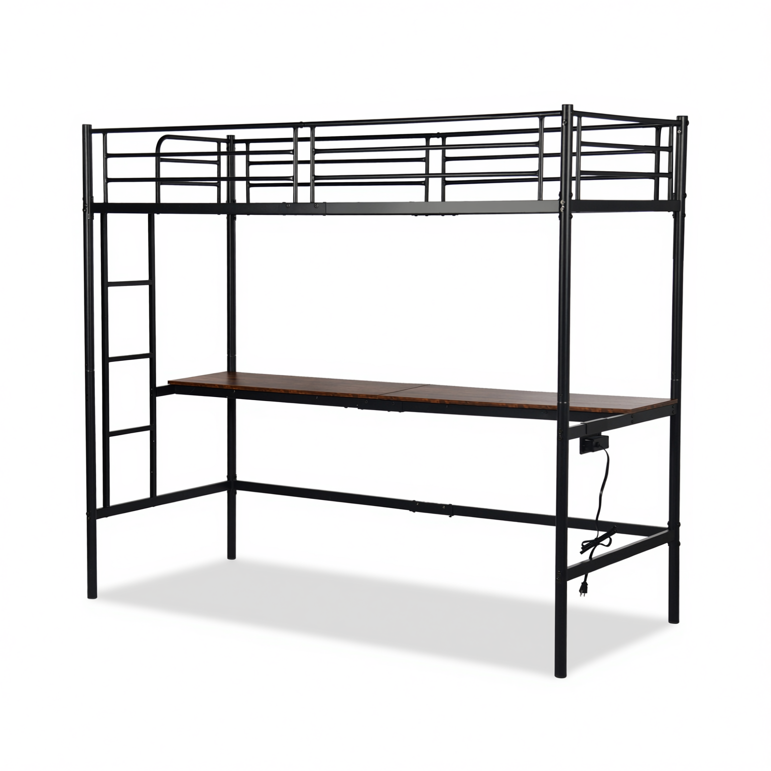 NALIYA Twin Metal Loft Bed Workstation with Long Desk and Charging Station in Black