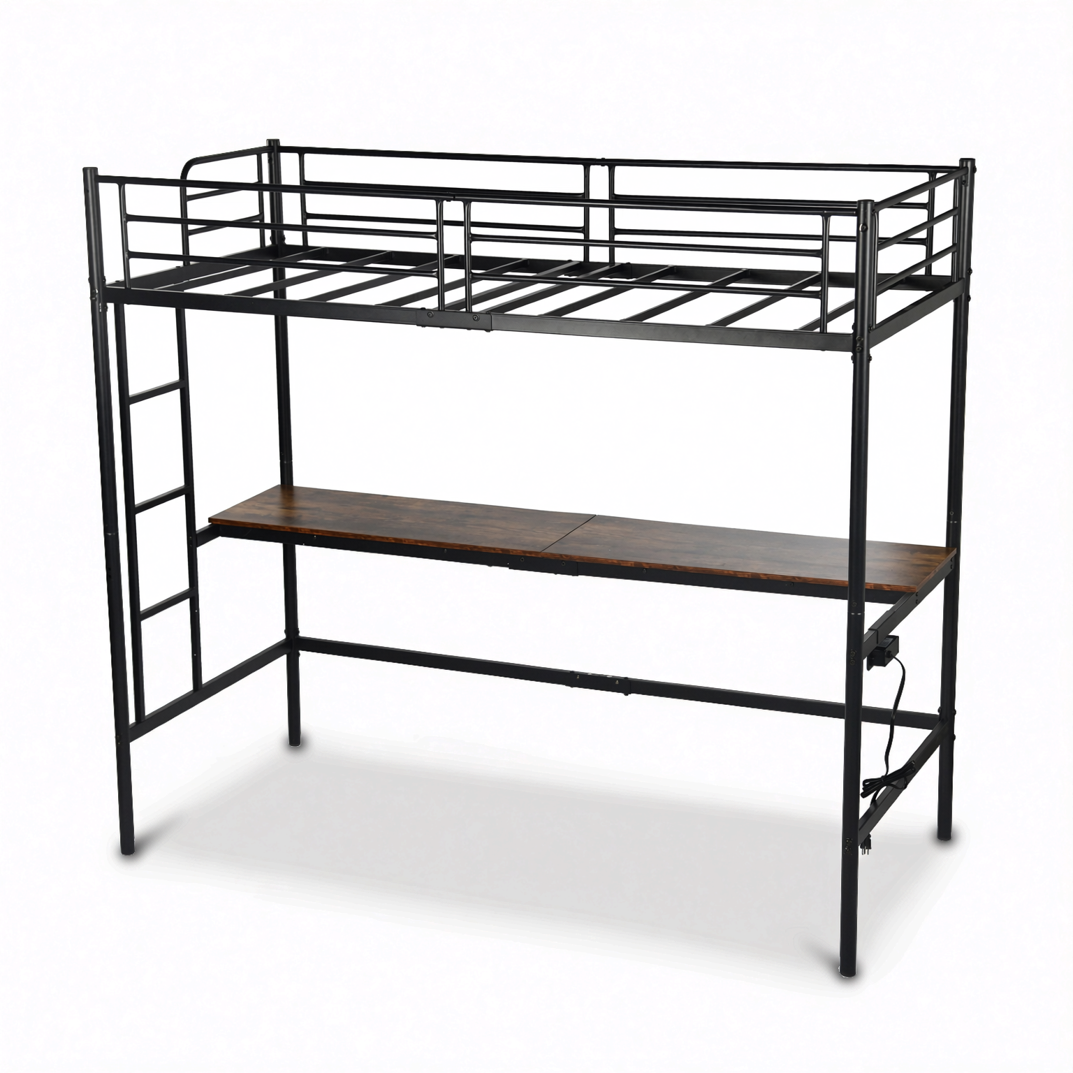 NALIYA Twin Metal Loft Bed Workstation with Long Desk and Charging Station in Black