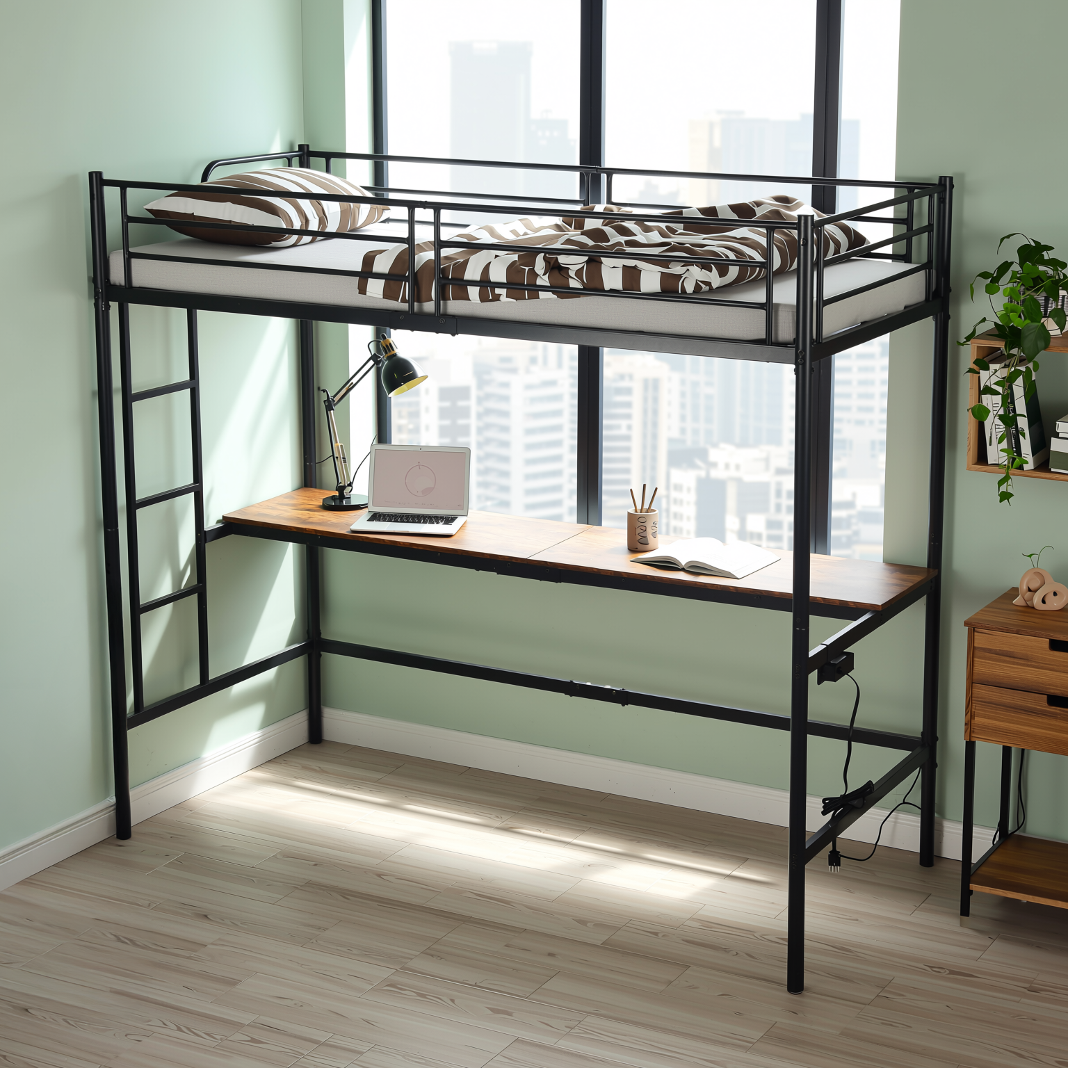 NALIYA Twin Metal Loft Bed Workstation with Long Desk and Charging Station in Black
