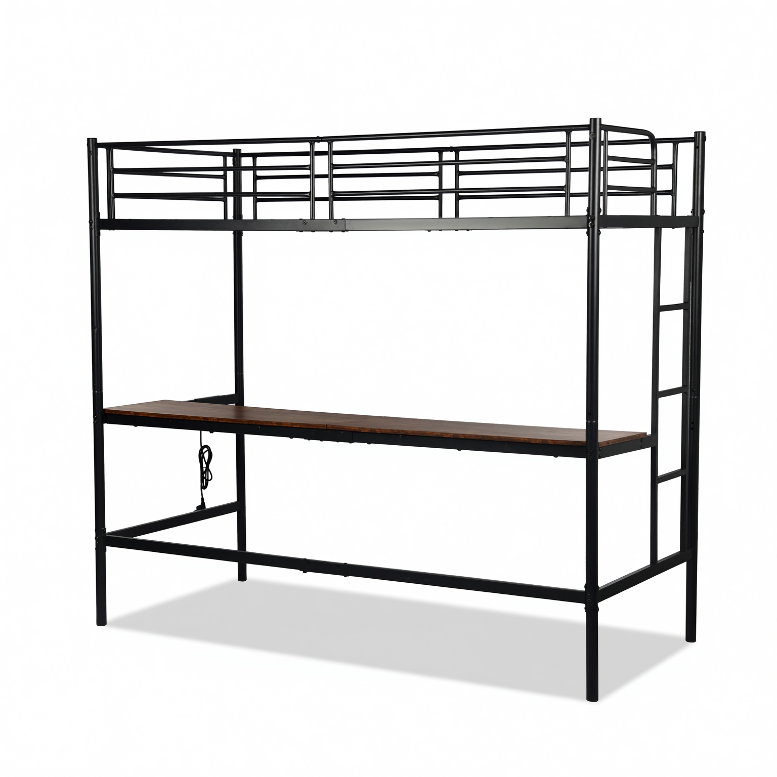 NALIYA Twin Metal Loft Bed Workstation with Long Desk and Charging Station in Black