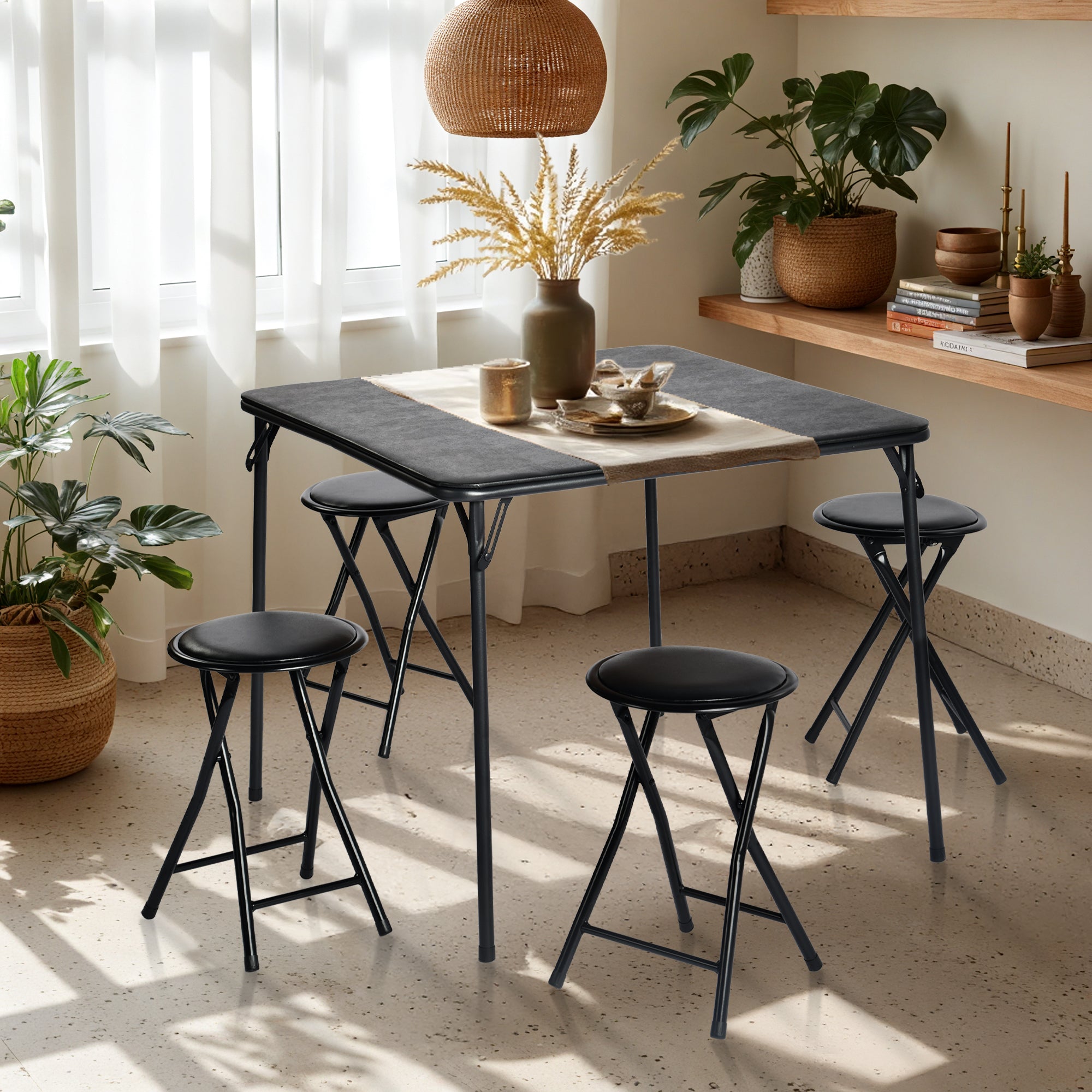 Homy Casa NEW PORT 4PC Kitchen Dining Set 2 Folding Chairs with Compact Space-Saving Design in Matte Black PVC Open Box
