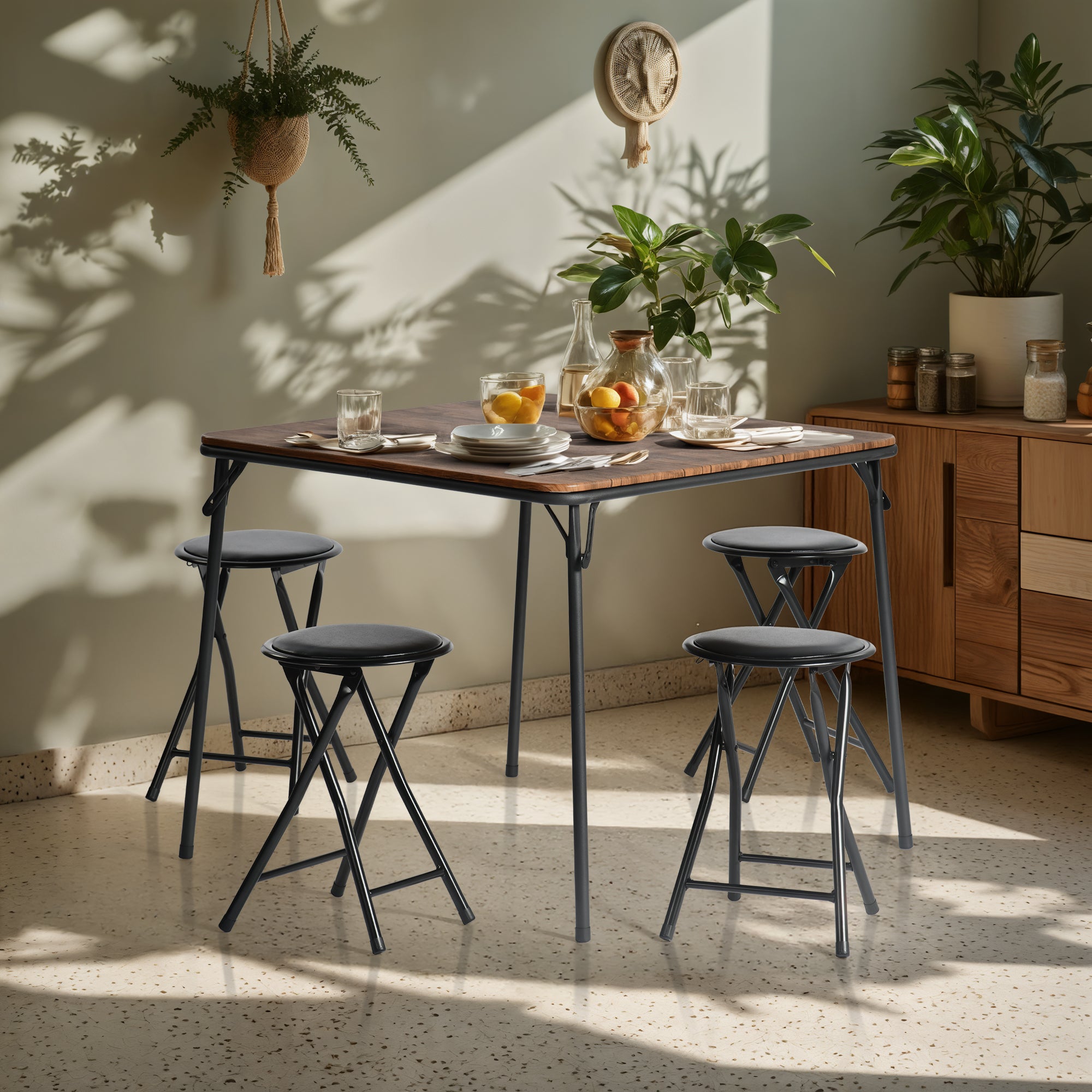 Homy Casa NEW PORT 4PC Kitchen Dining Set 2 Folding Chairs with Compact Space-Saving Design in Matte Black PVC Open Box