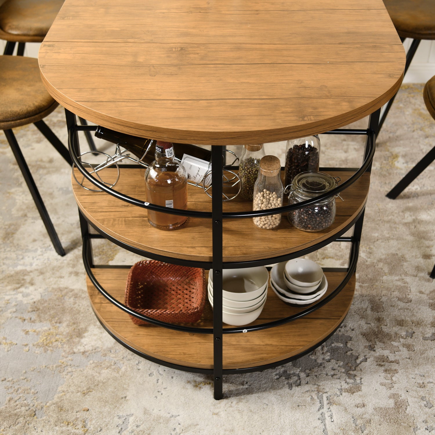 Homy Casa Nimble 71" Vintage Brown Dining Table with Half Round Storage Shelf