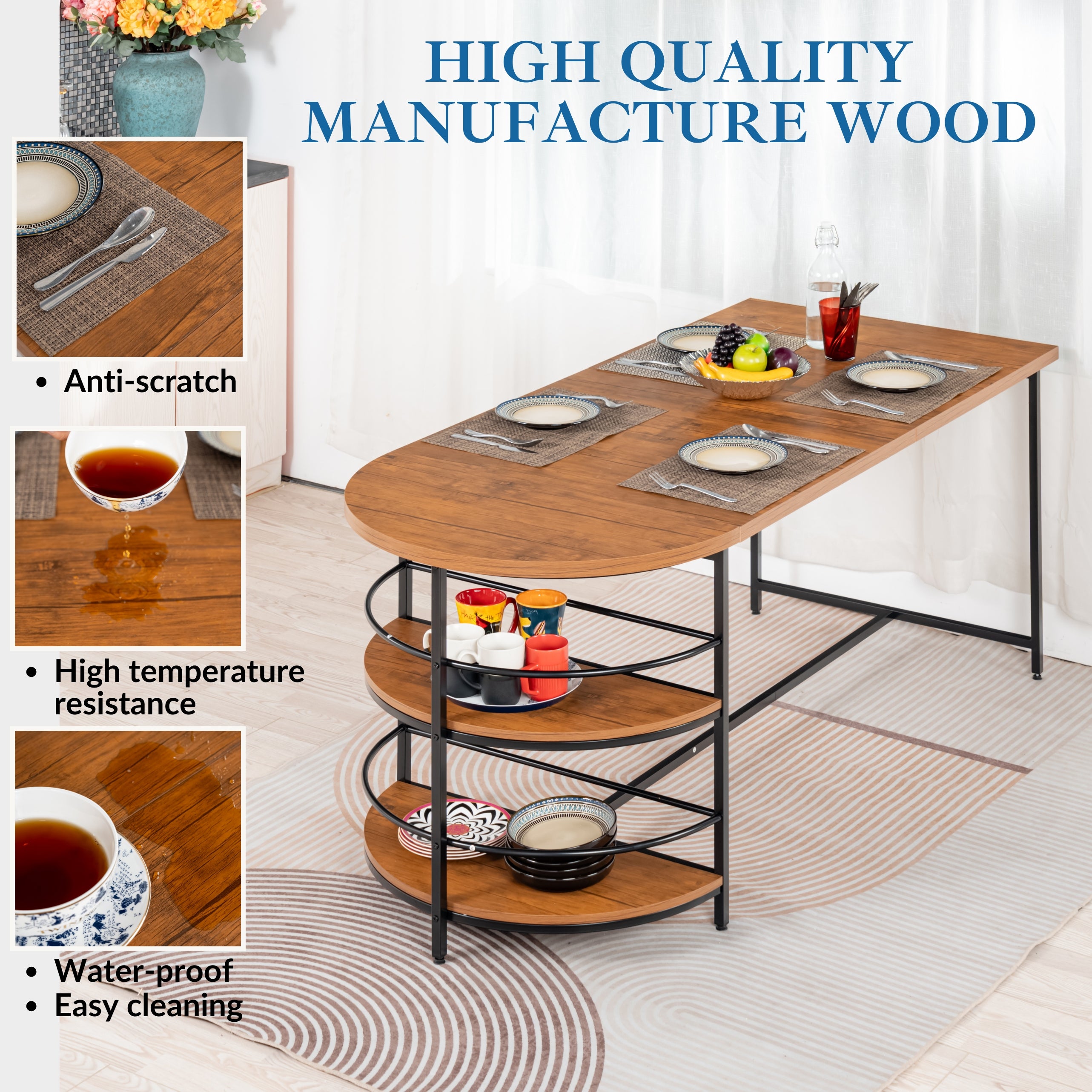 Homy Casa Nimble 5 Piece Dining Table Set 71” Vintage Brown Table with 4 Charlton Terry Grey Upholstered Chairs