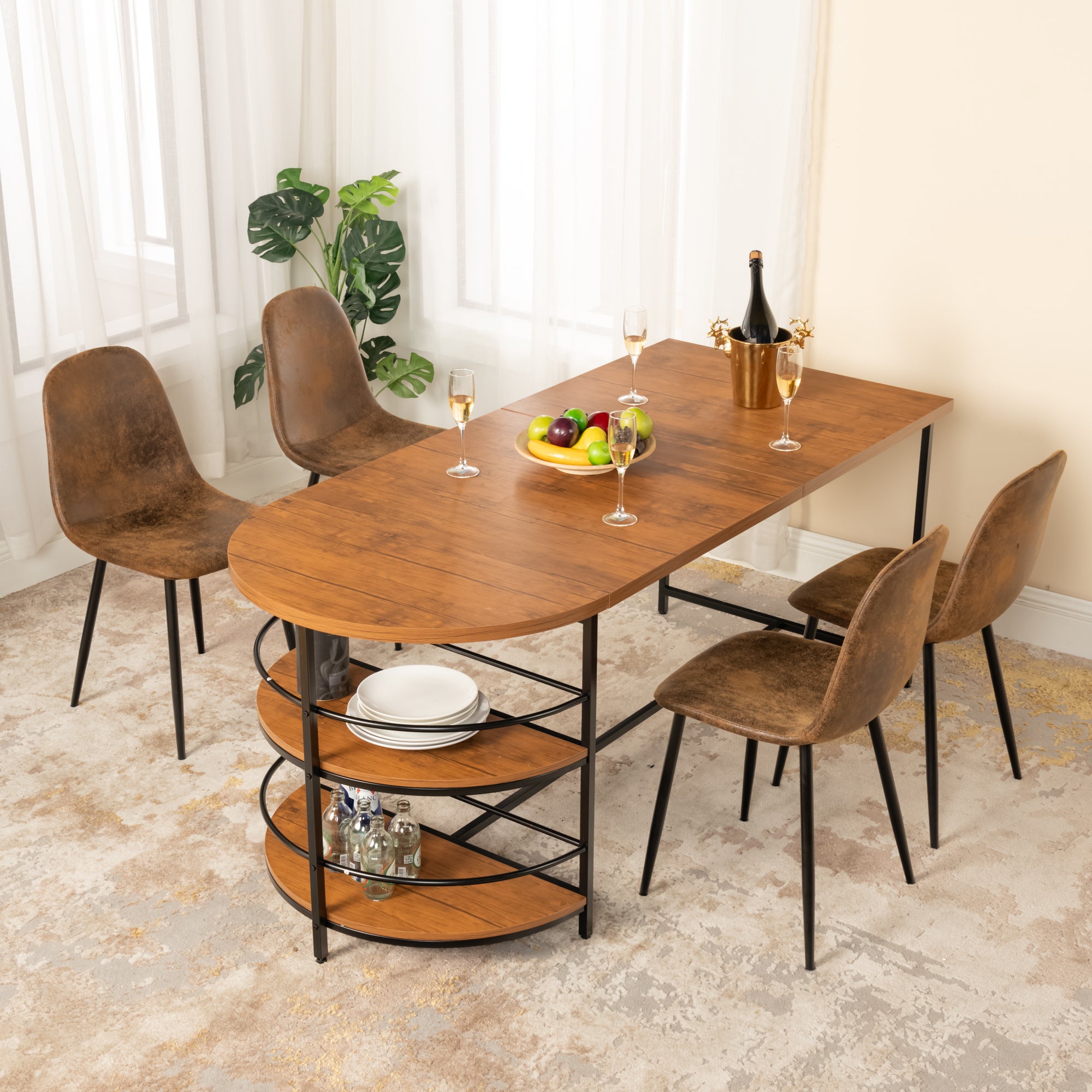 Homy Casa Nimble 71" Vintage Brown Dining Table with Half Round Storage Shelf