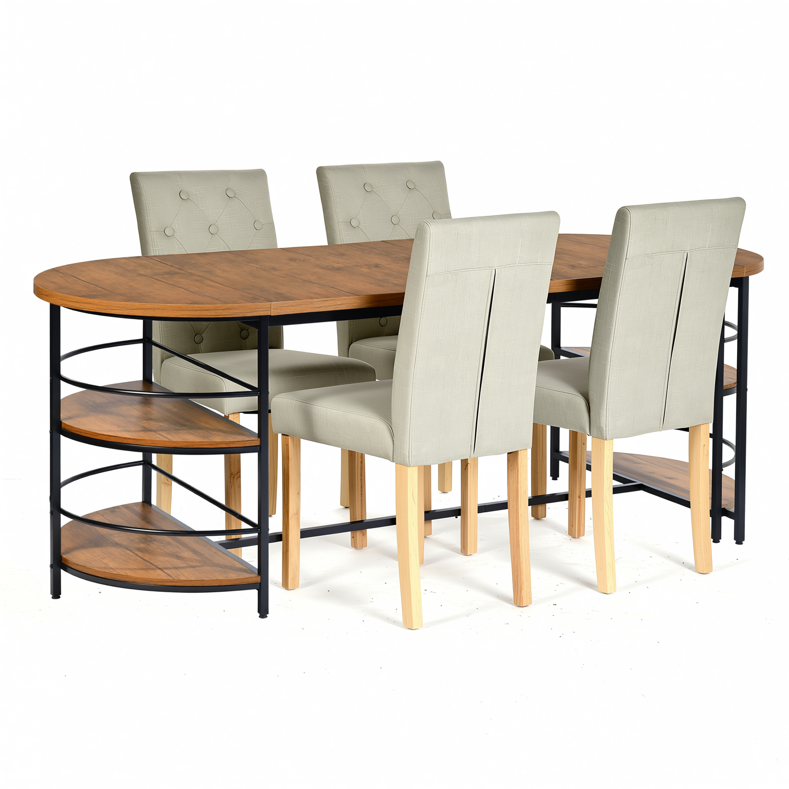 Homy Casa Nimble 5PC Dining Set 71” Walnut Storage Table with 4 Douro Grey Upholstered Fabric Chairs