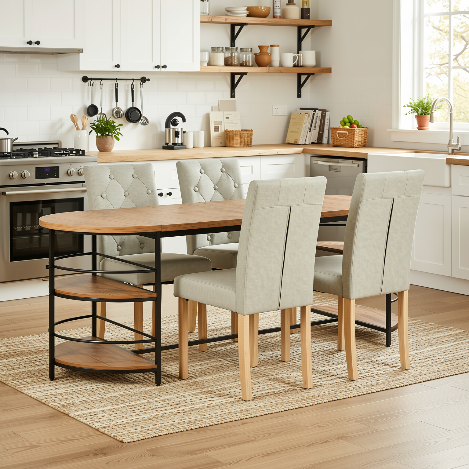 Homy Casa Nimble 5PC Dining Set 71” Walnut Storage Table with 4 Douro Grey Upholstered Fabric Chairs