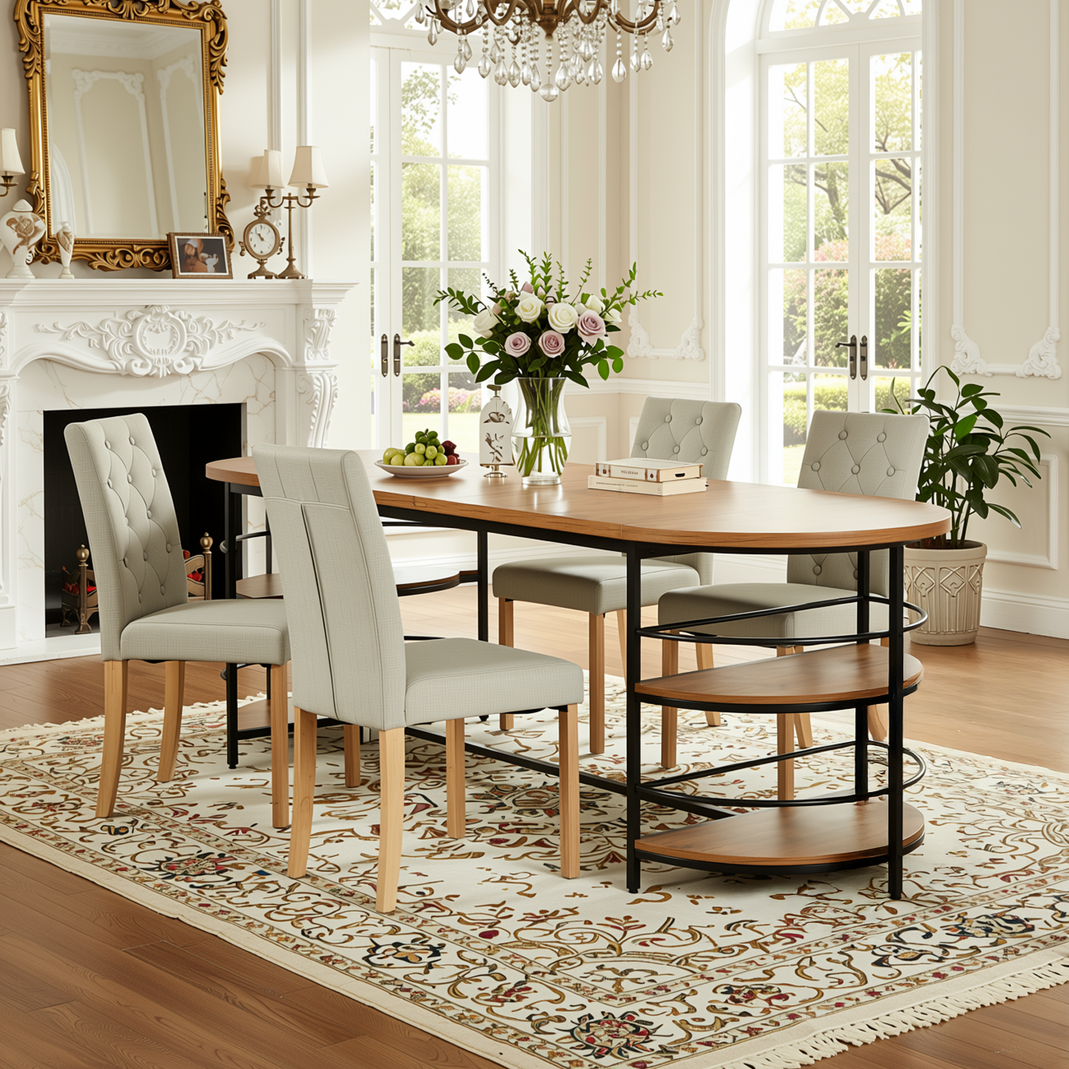 Homy Casa Nimble 5PC Dining Set 71” Walnut Storage Table with 4 Douro Grey Upholstered Fabric Chairs