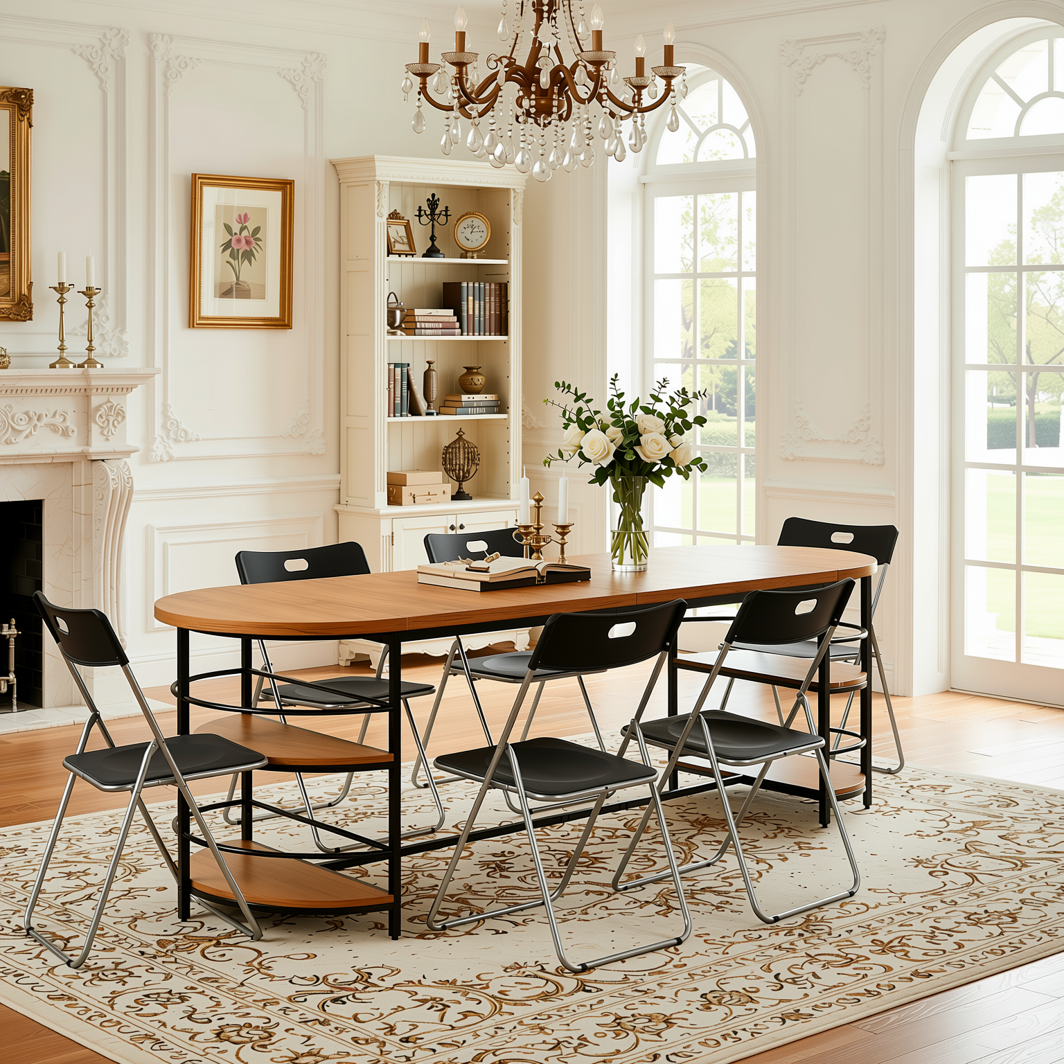 Homy Casa Nimble+Mimosa 7PC Dining Set 70.9'' Table with Folding Chairs for Kitchen, Dining Room, Apartment, Workspace