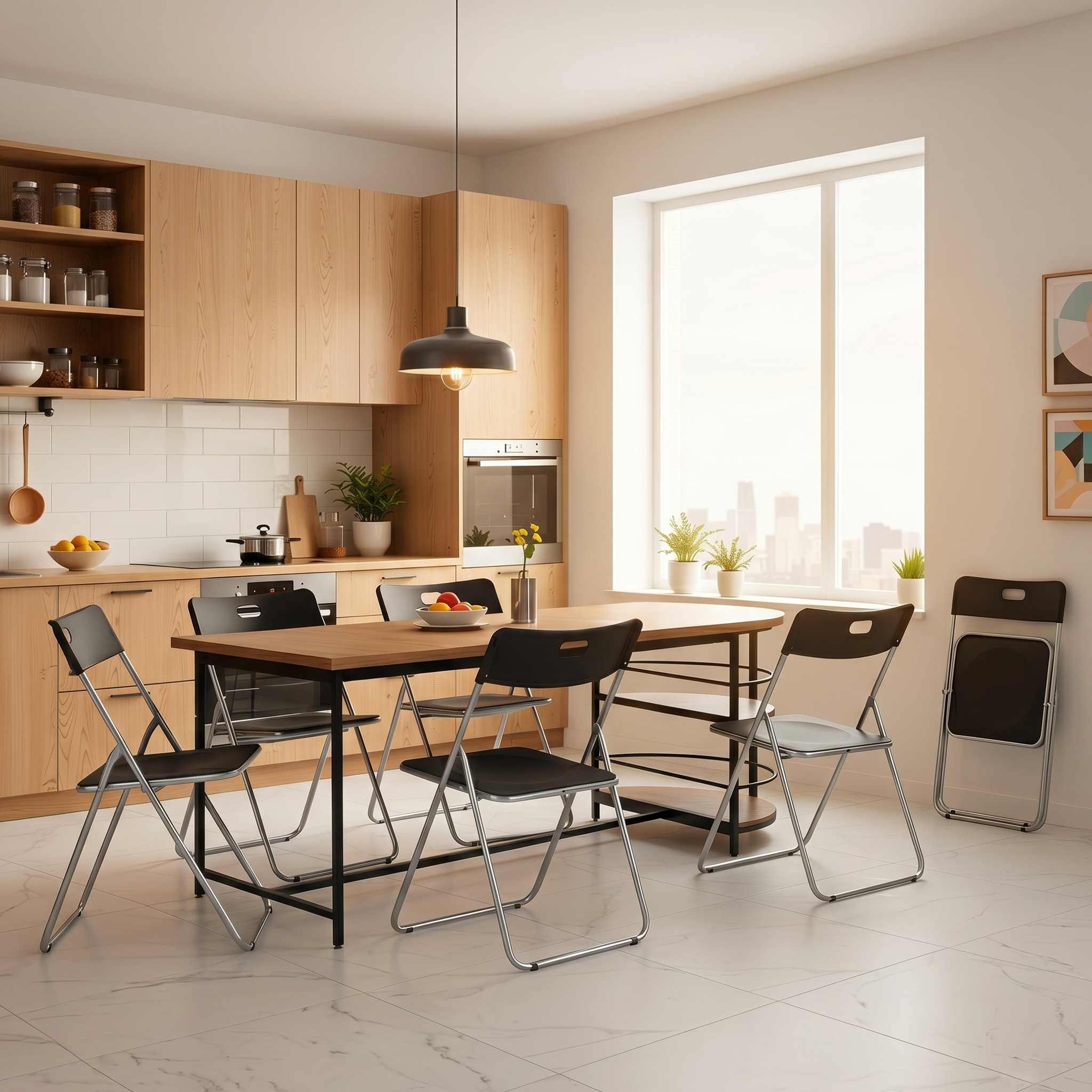 Homy Casa Nimble+Mimosa 7PC Dining Set 70.9'' Table with Folding Chairs for Kitchen, Dining Room, Apartment, Workspace