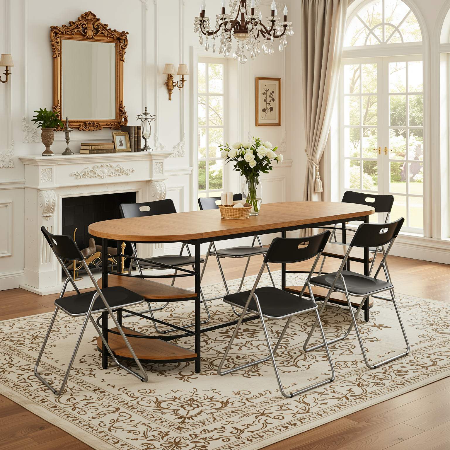Homy Casa Nimble+Mimosa 7PC Dining Set 70.9'' Table with Folding Chairs for Kitchen, Dining Room, Apartment, Workspace