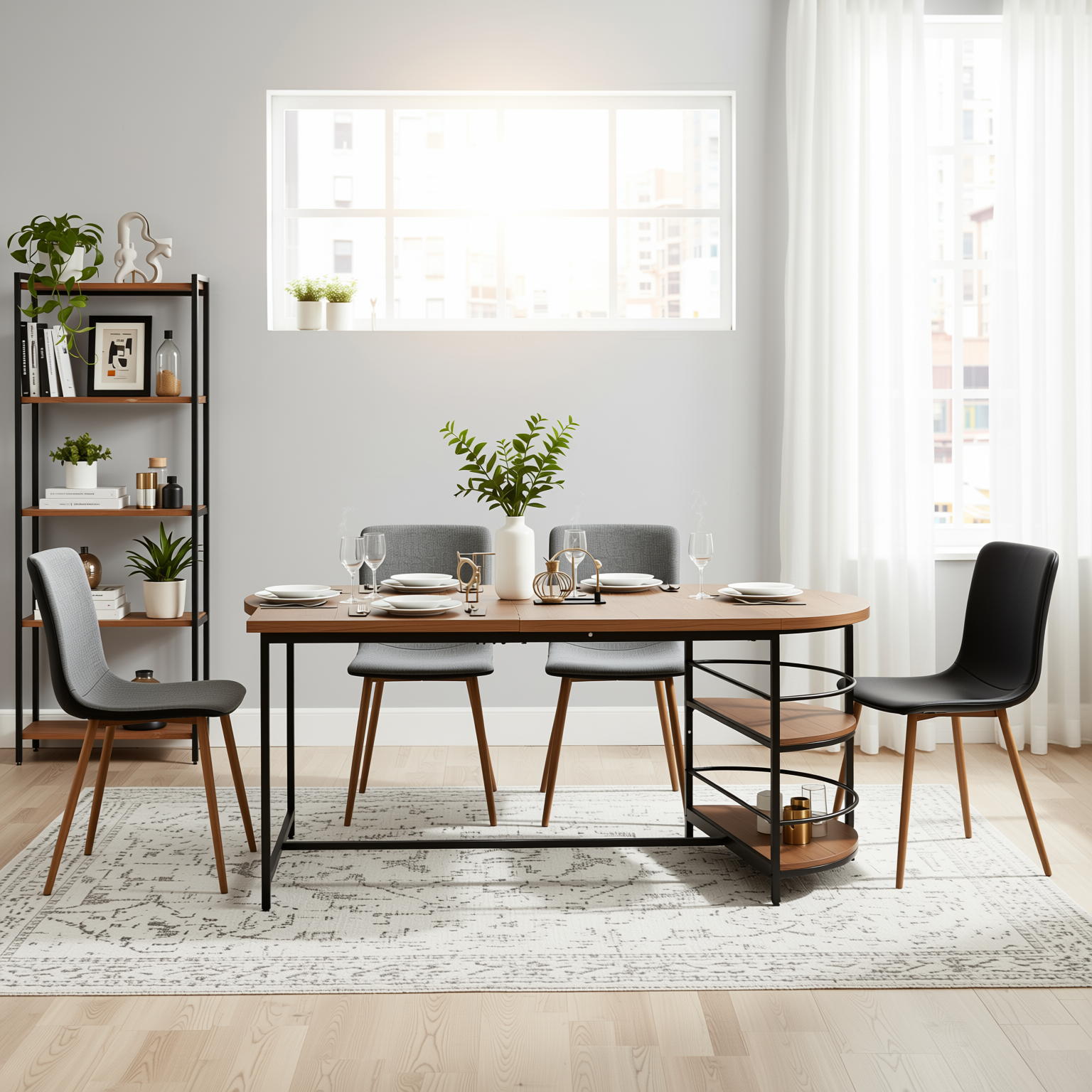 Homy Casa NIMBLE+SCARGILL 5PC Dining Set 70.9" Table with 4 SCARGILL Gray Fabric Dining Chairs, Black and Light Oak Finish Open Box