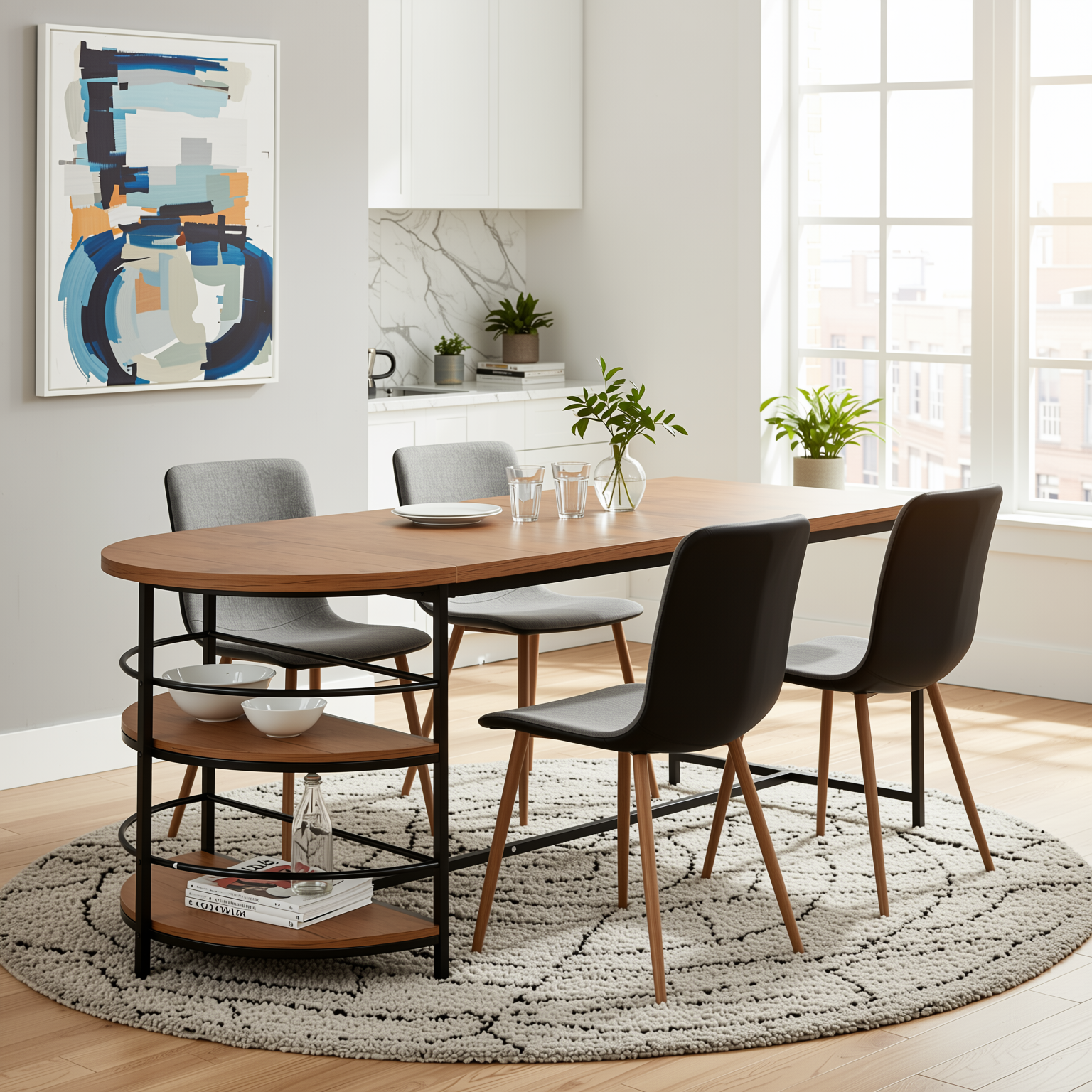 Homy Casa NIMBLE+SCARGILL 5PC Dining Set 70.9" Table with 4 SCARGILL Gray Fabric Dining Chairs, Black and Light Oak Finish Open Box
