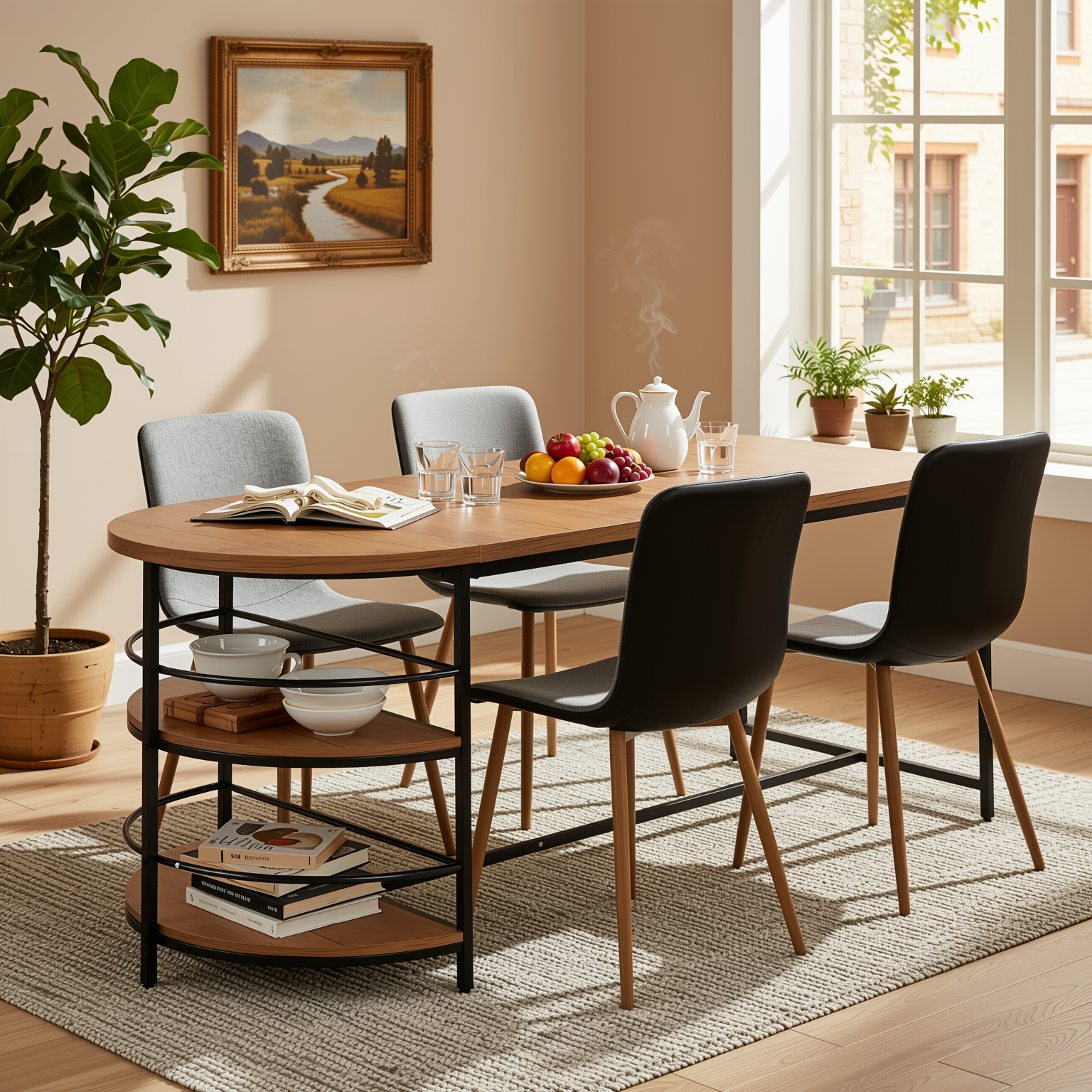 Homy Casa NIMBLE+SCARGILL 5PC Dining Set 70.9" Table with 4 SCARGILL Gray Fabric Dining Chairs, Black and Light Oak Finish Open Box