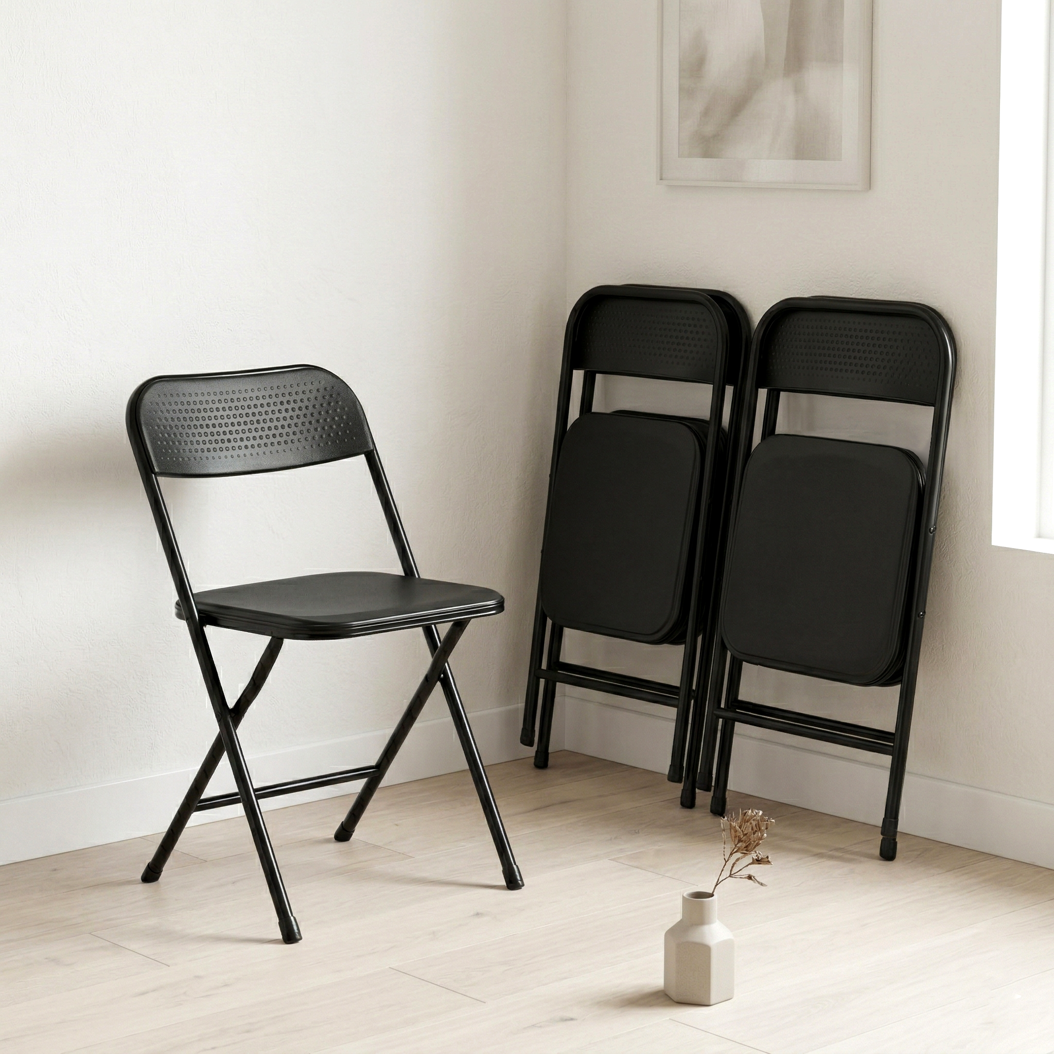 NOLA 4PC Folding Chair Set, Heavy Duty Steel Frame with High-Strength Plastic Seat in Black