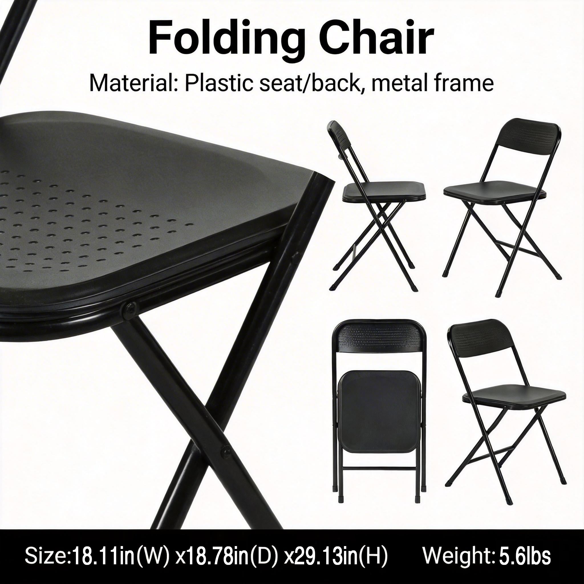 NOLA 4PC Folding Chair Set, Heavy Duty Steel Frame with High-Strength Plastic Seat in Black