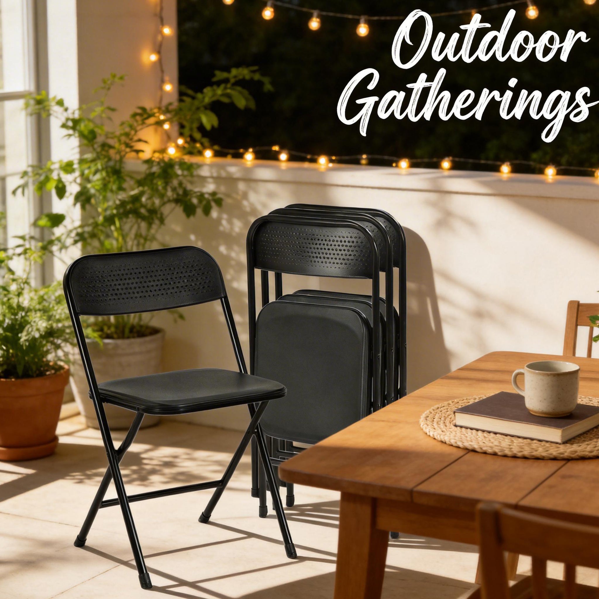 NOLA 4PC Folding Chair Set, Heavy Duty Steel Frame with High-Strength Plastic Seat in Black