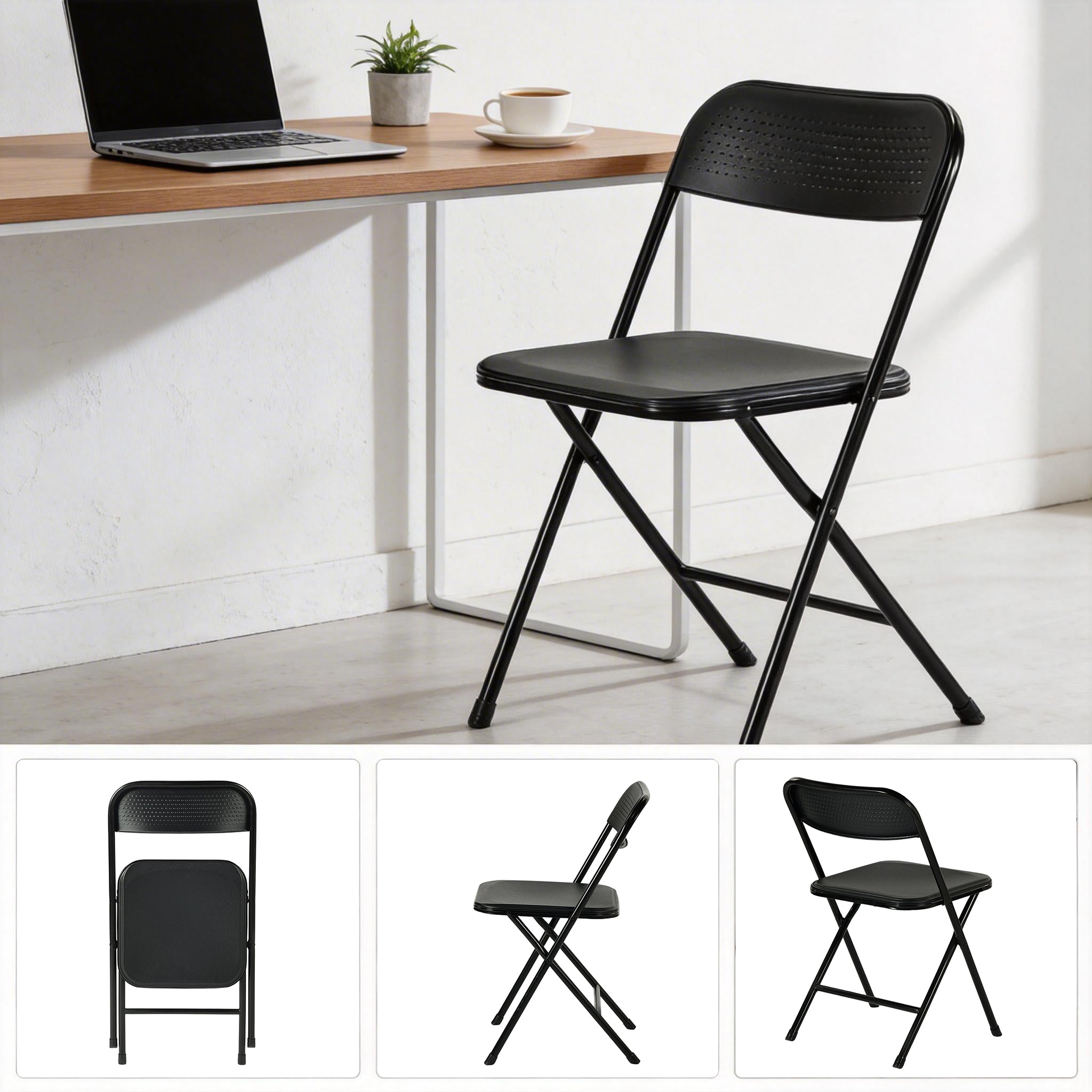 NOLA 4PC Folding Chair Set, Heavy Duty Steel Frame with High-Strength Plastic Seat in Black