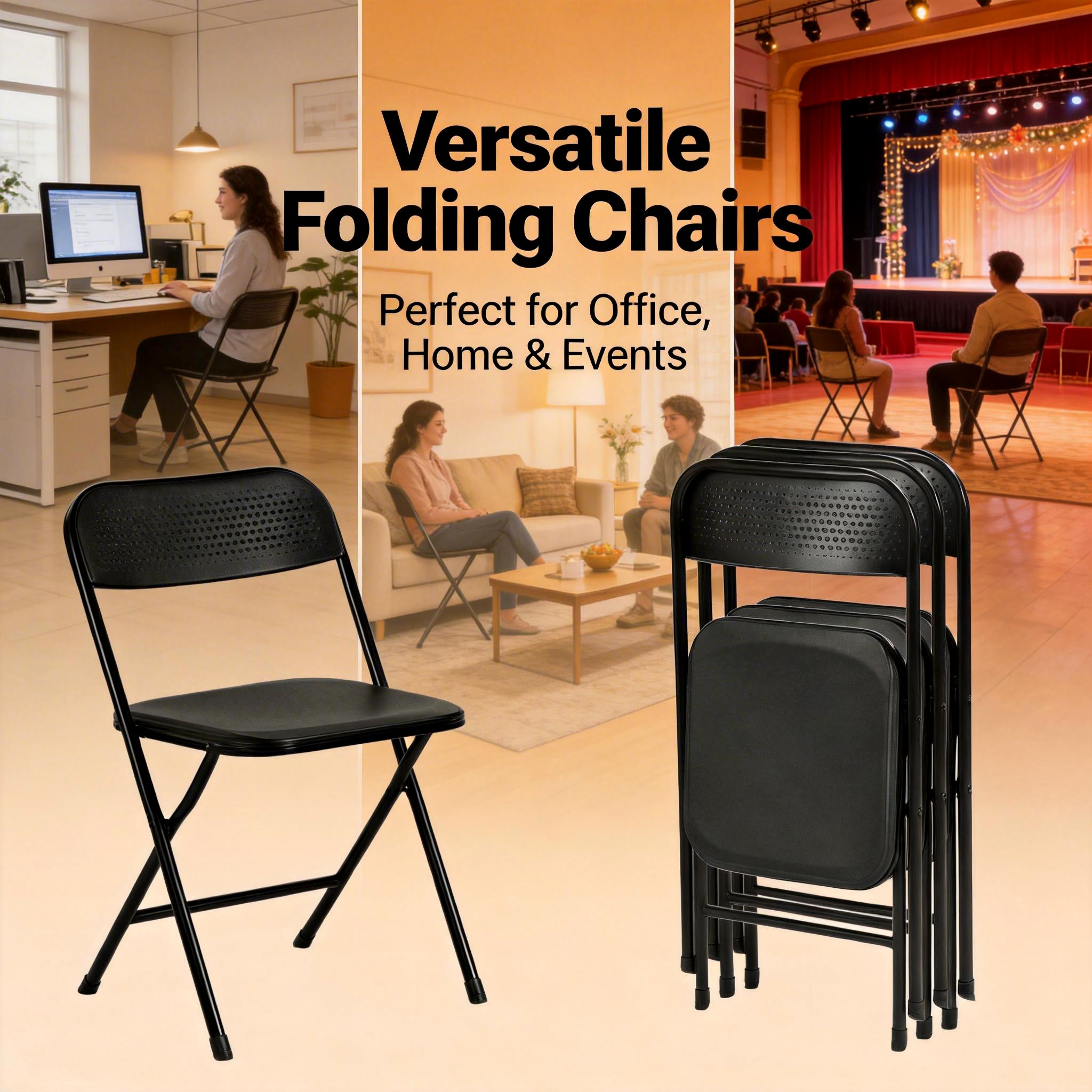 NOLA 4PC Folding Chair Set, Heavy Duty Steel Frame with High-Strength Plastic Seat in Black