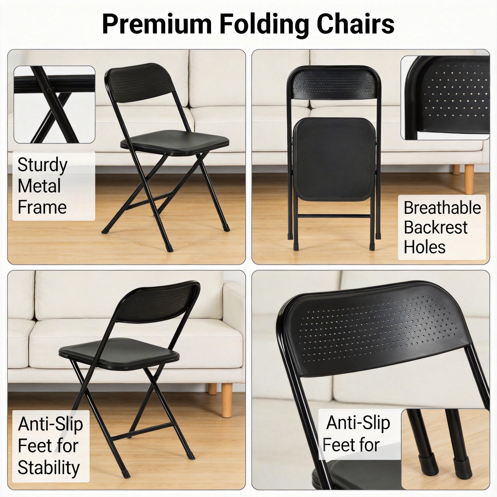 NOLA 4PC Folding Chair Set, Heavy Duty Steel Frame with High-Strength Plastic Seat in Black