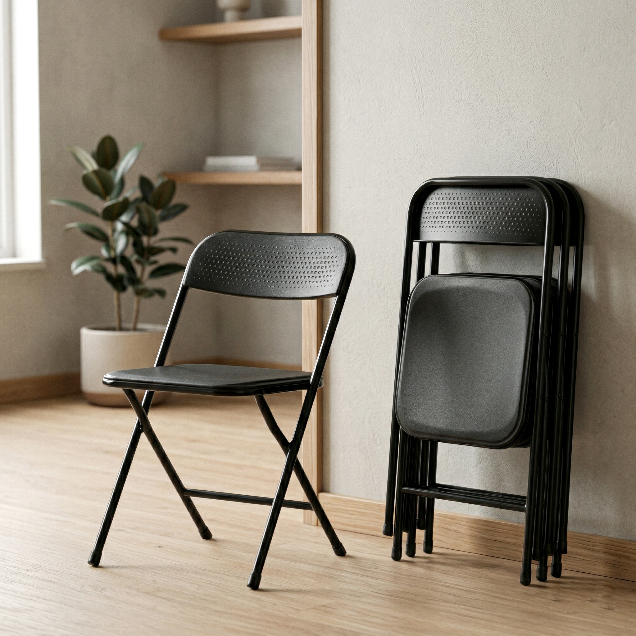 NOLA 4PC Folding Chair Set, Heavy Duty Steel Frame with High-Strength Plastic Seat in Black