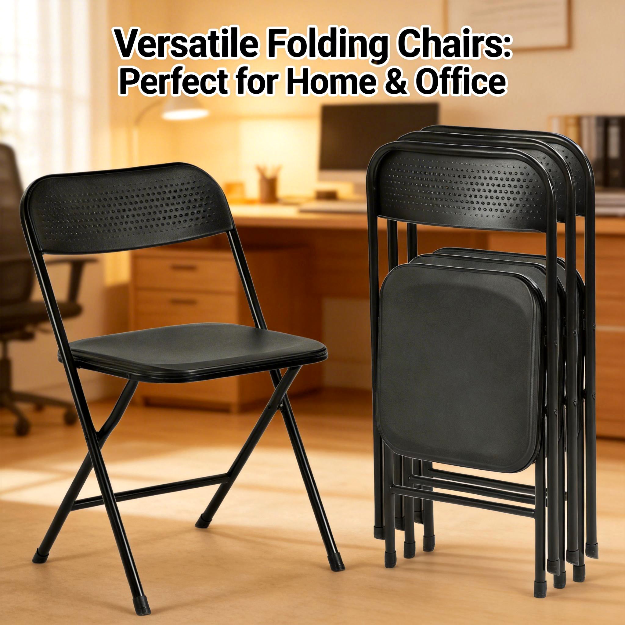 NOLA 4PC Folding Chair Set, Heavy Duty Steel Frame with High-Strength Plastic Seat in Black