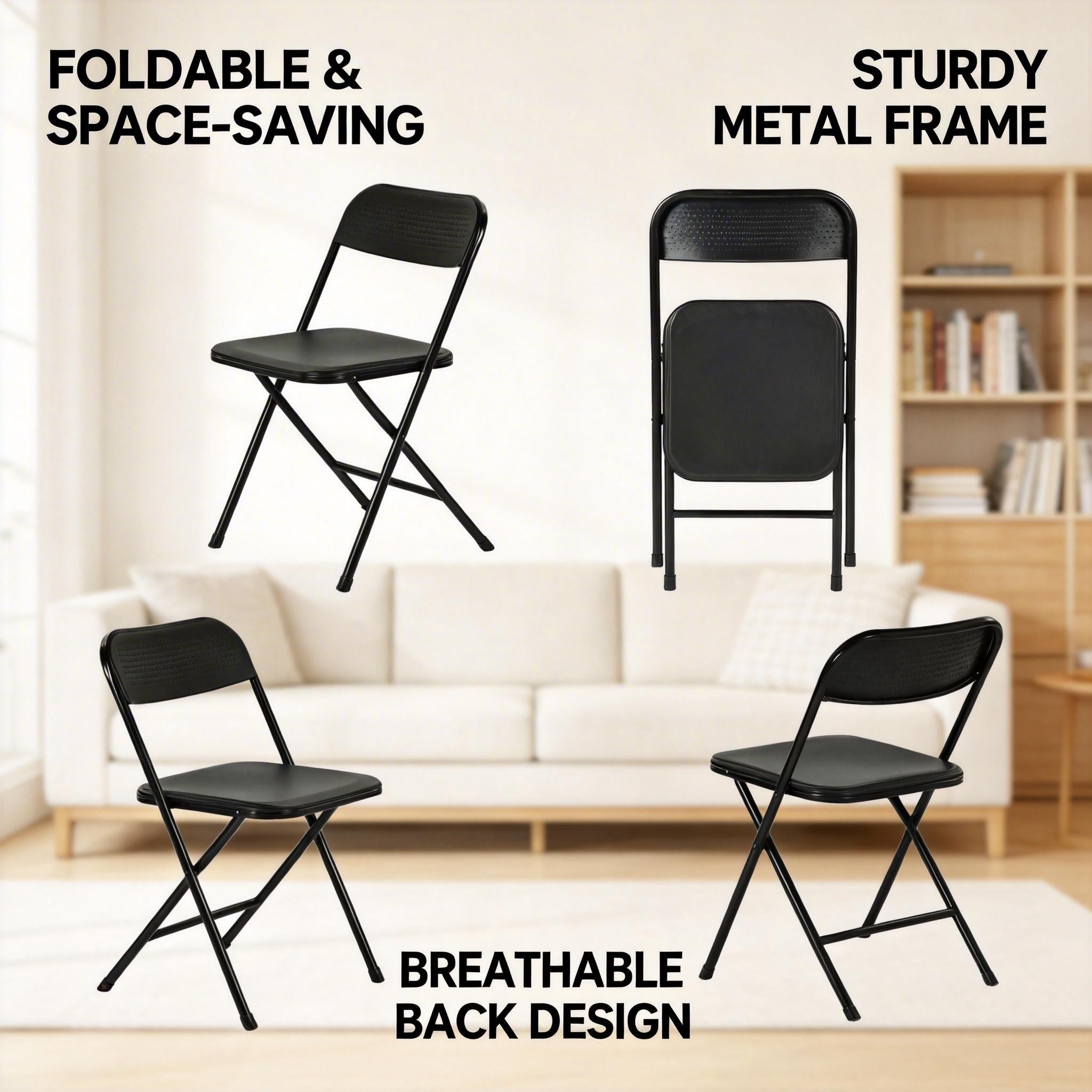 NOLA 4PC Folding Chair Set, Heavy Duty Steel Frame with High-Strength Plastic Seat in Black
