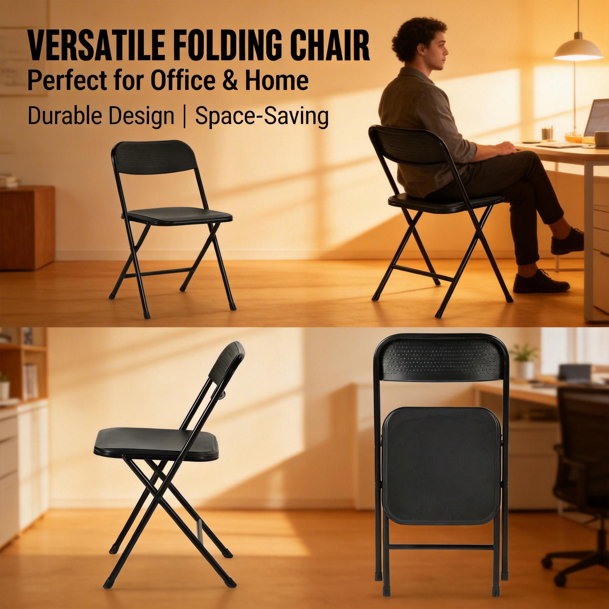 NOLA 4PC Folding Chair Set, Heavy Duty Steel Frame with High-Strength Plastic Seat in Black