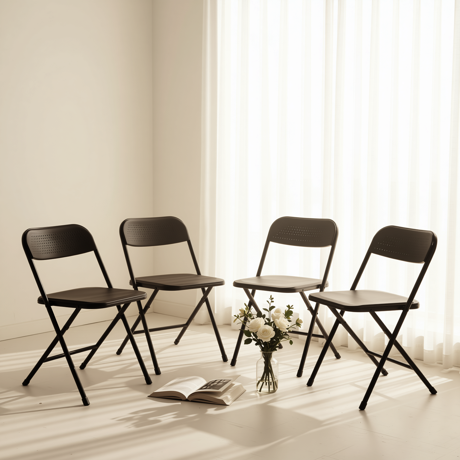 NOLA 4PC Folding Chair Set, Heavy Duty Steel Frame with High-Strength Plastic Seat in Black