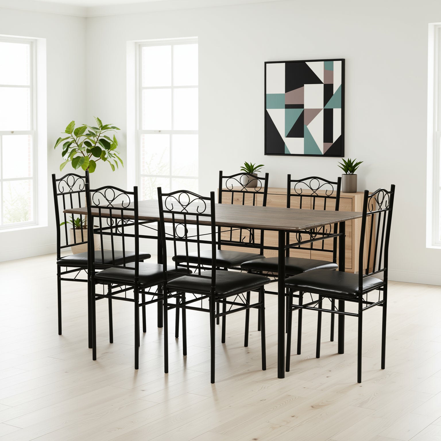 Homy Casa Norseman 7 Piece Dining Table Set 55” Table with 6 Chairs in Walnut