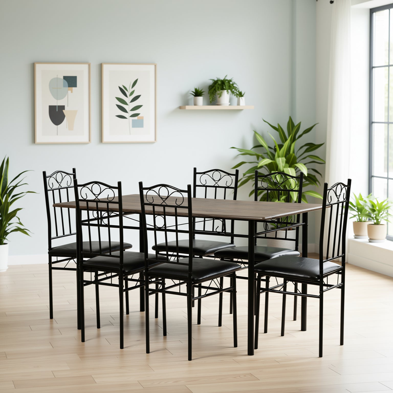 Homy Casa Norseman 7 Piece Dining Table Set 55” Table with 6 Chairs in Walnut