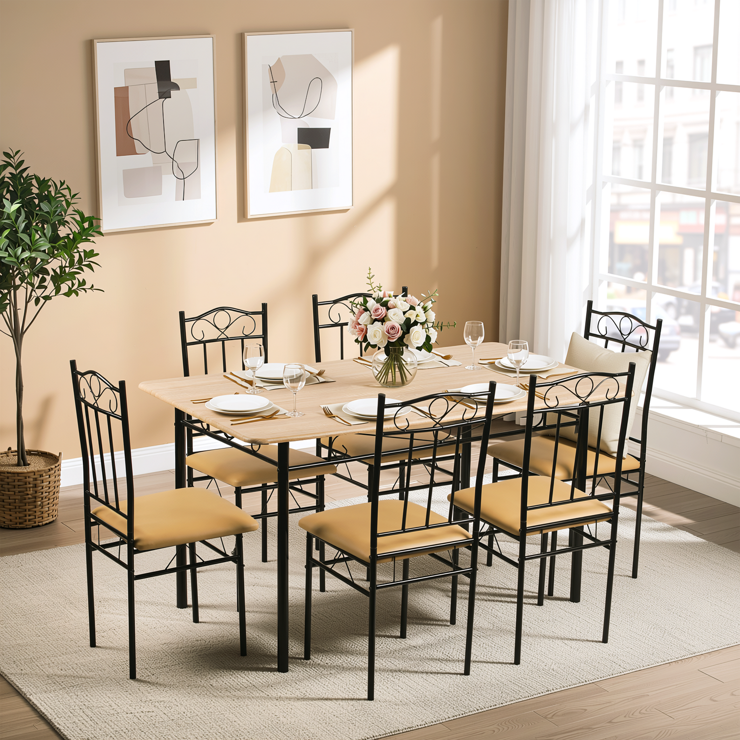 Homy Casa NORSEMAN Beech Dining Set 55.1" Table with 6 Chairs for Kitchen & Dining Room