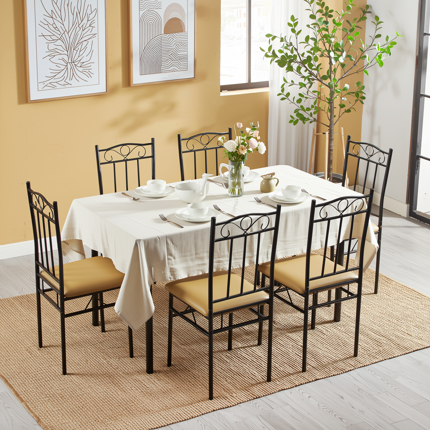 Homy Casa NORSEMAN Beech Dining Set 55.1" Table with 6 Chairs for Kitchen & Dining Room