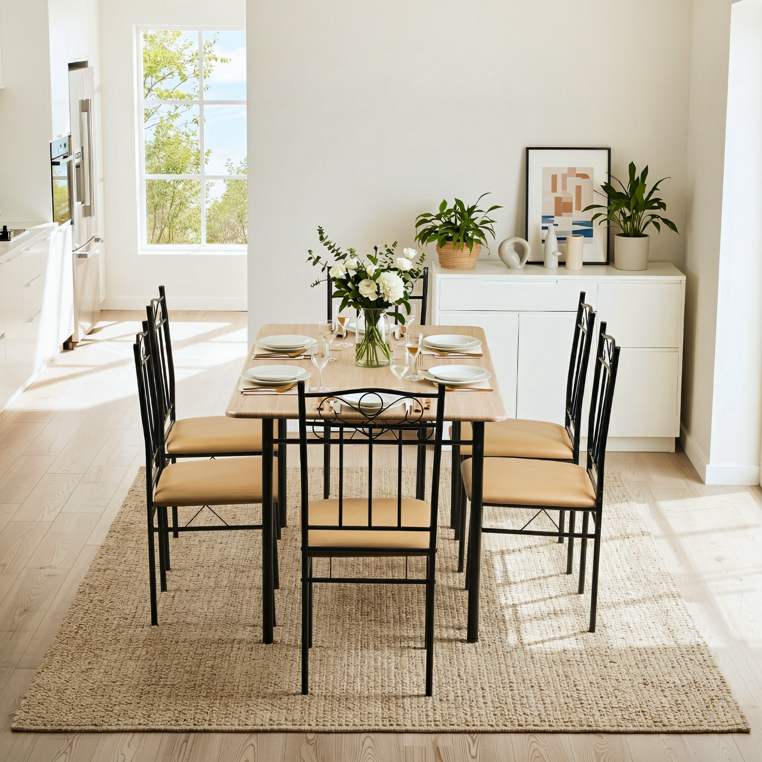 Homy Casa NORSEMAN Beech Dining Set 55.1" Table with 6 Chairs for Kitchen & Dining Room