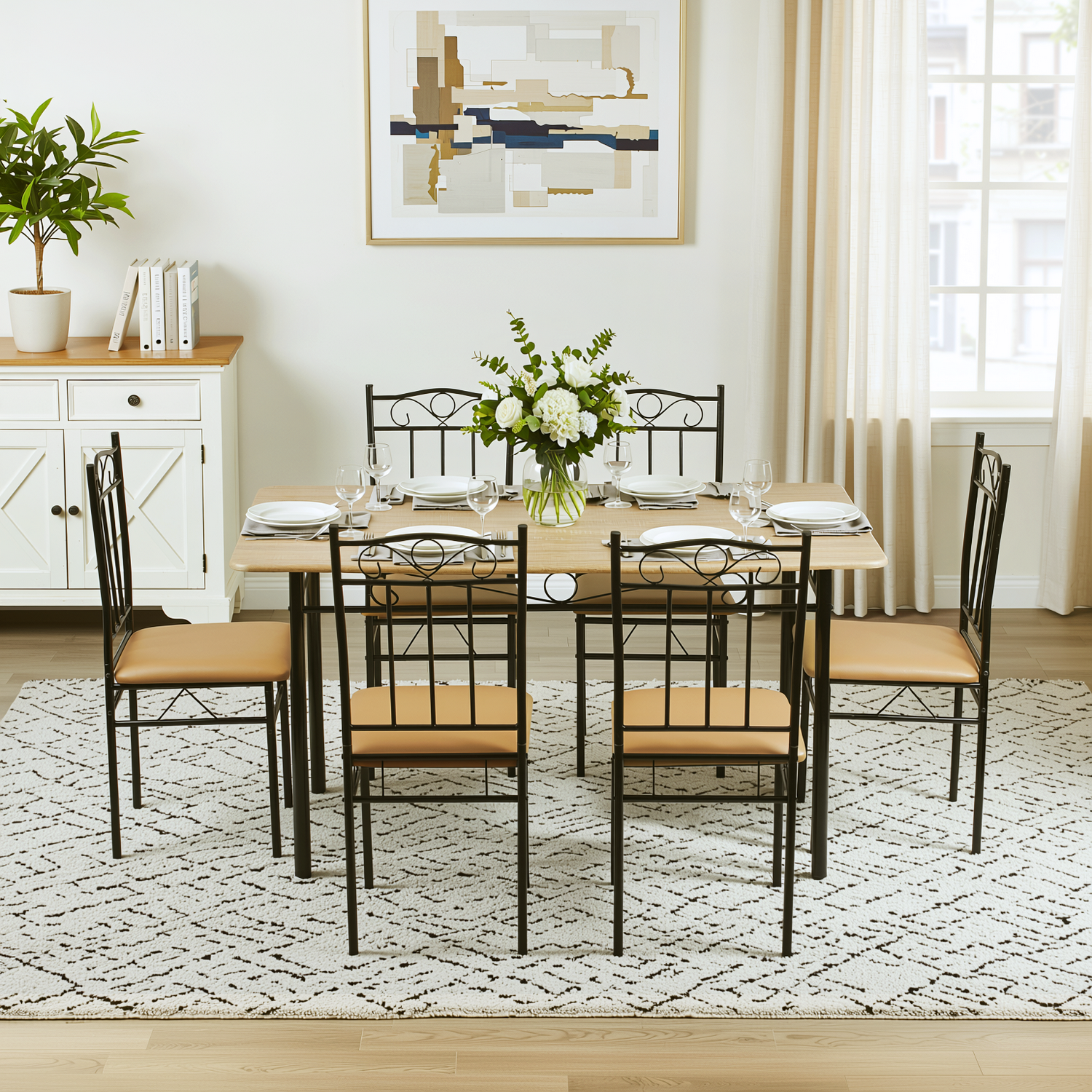 Homy Casa NORSEMAN Beech Dining Set 55.1" Table with 6 Chairs for Kitchen & Dining Room
