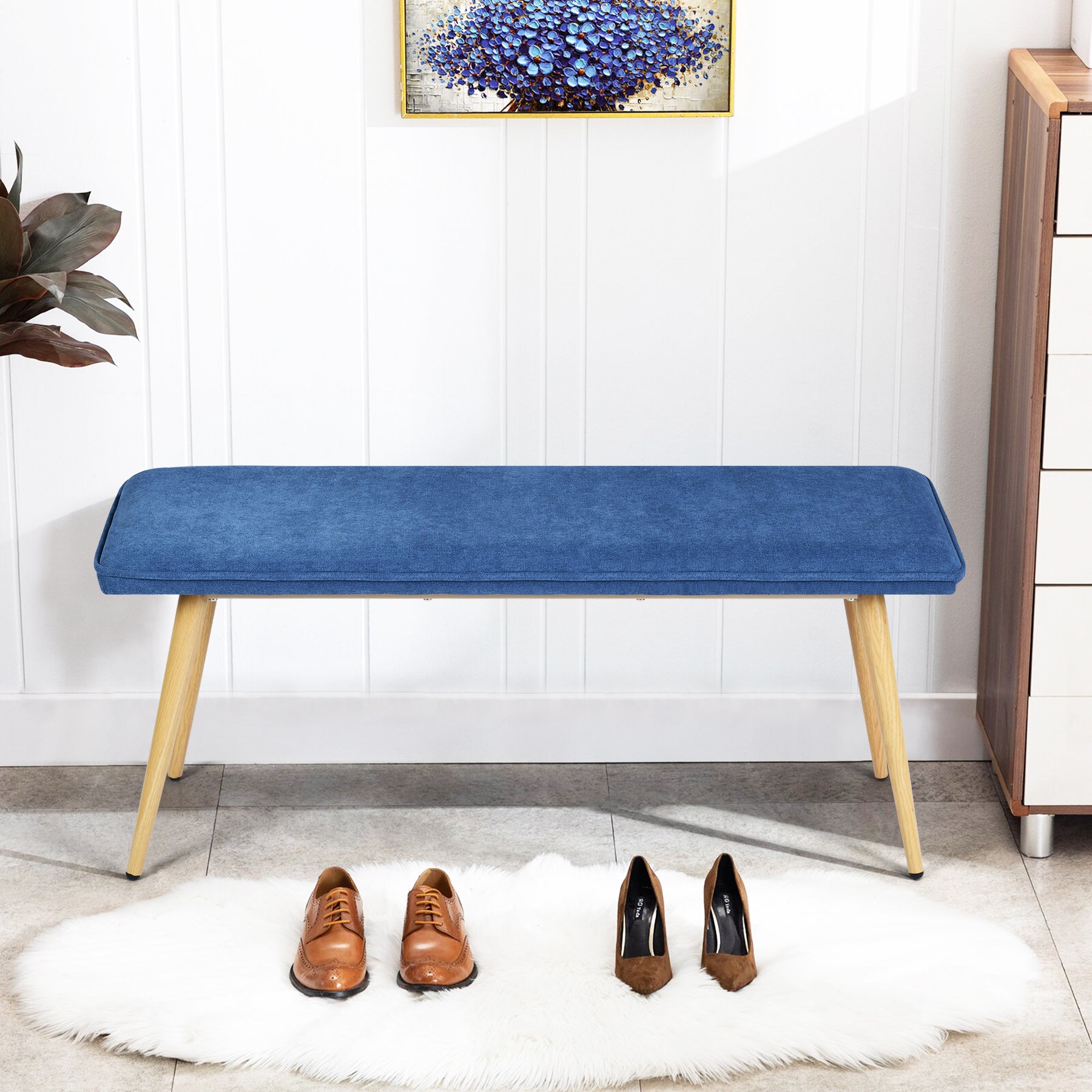 Homy Casa Nuhu Upholstered Bench with Oak Legs, Dark Blue,Open Box