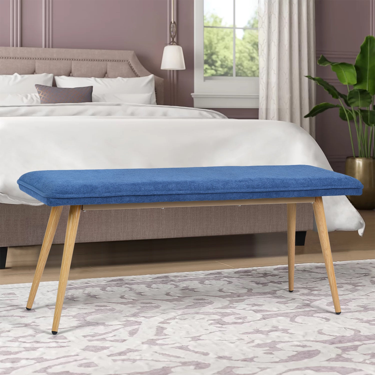 Homy Casa Nuhu Upholstered Bench with Oak Legs, Dark Blue,Open Box