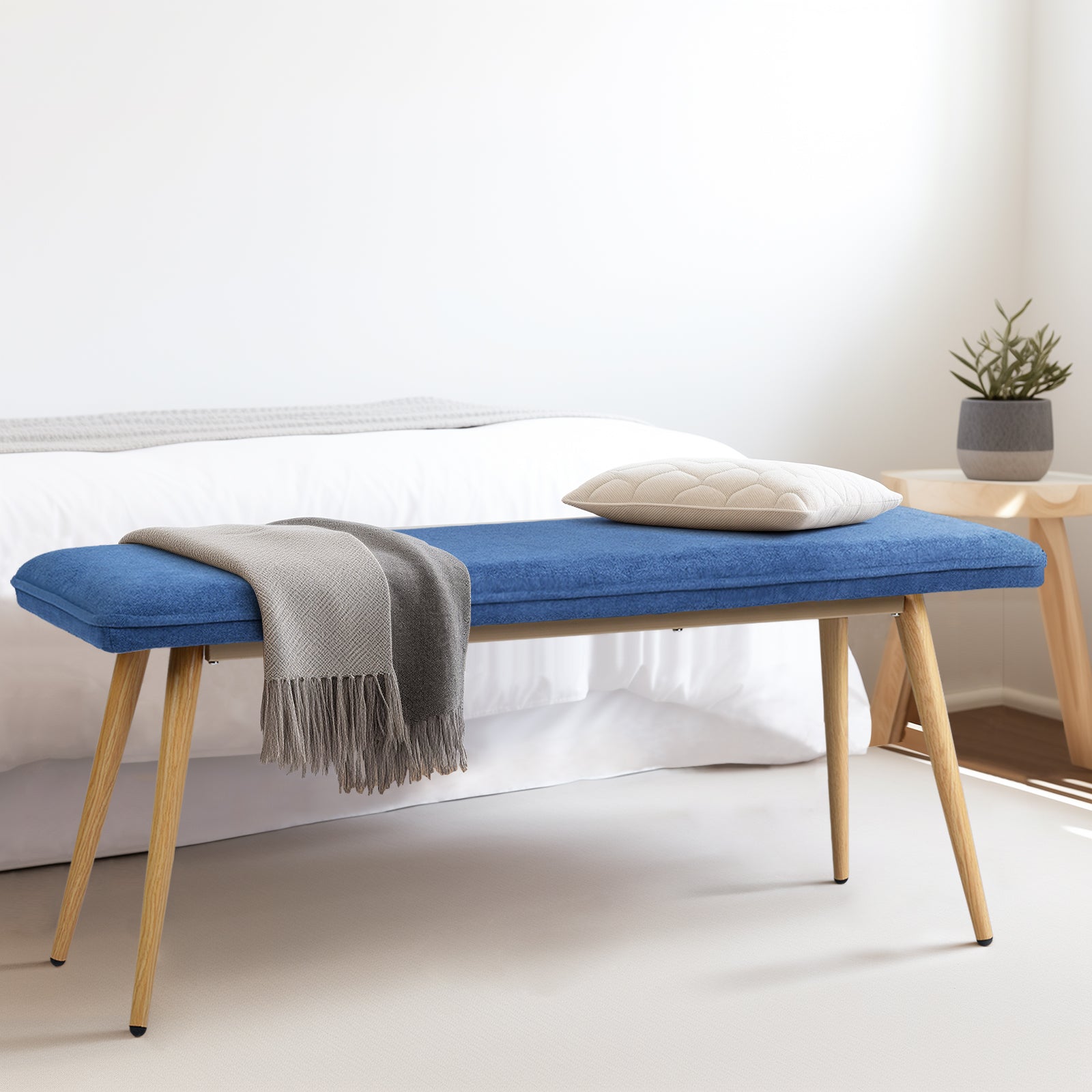Homy Casa Nuhu Upholstered Bench with Oak Legs, Dark Blue,Open Box