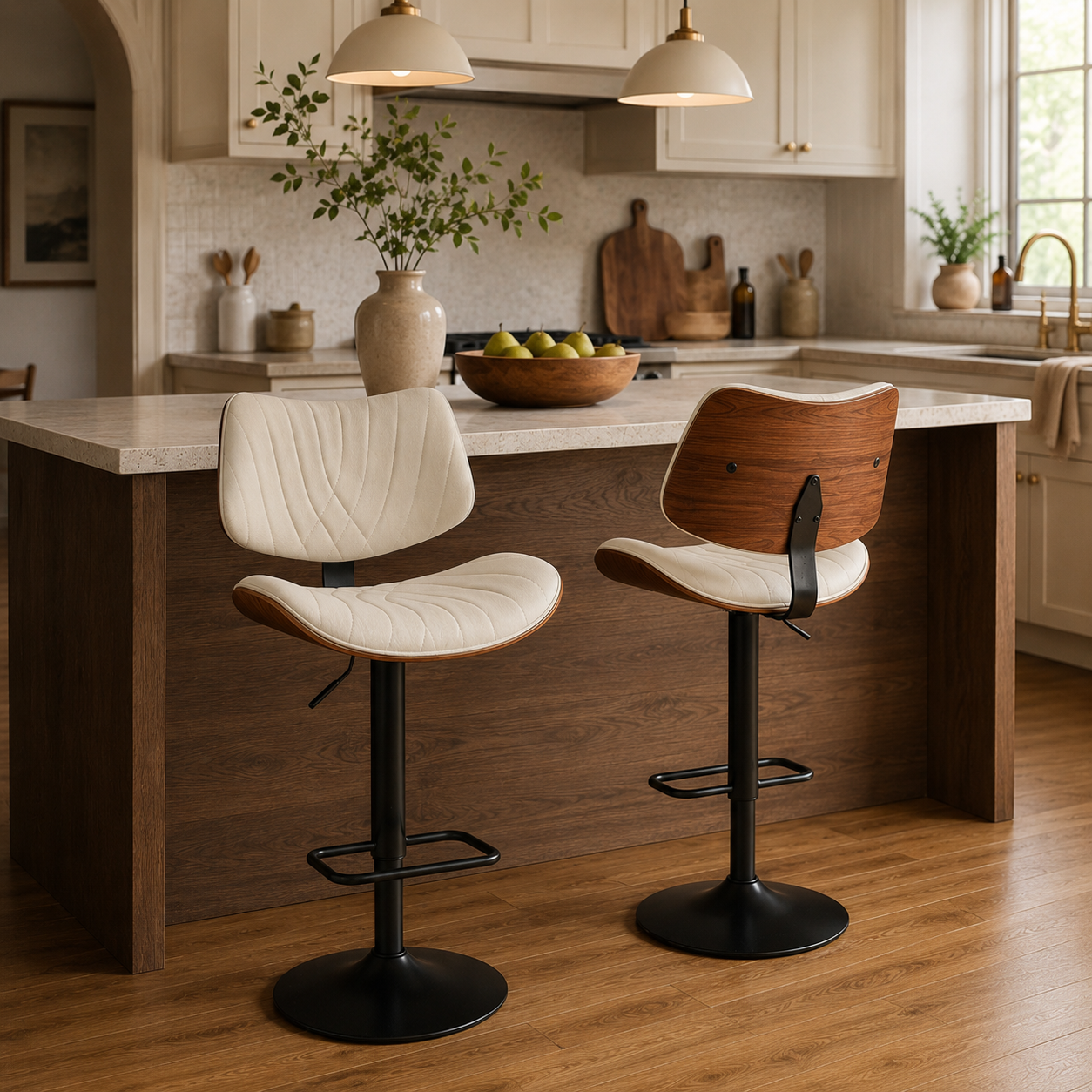 Navarra Adjustable Height Swivel Bentwood PU Leather Upholstered Bar Stools Set of 2