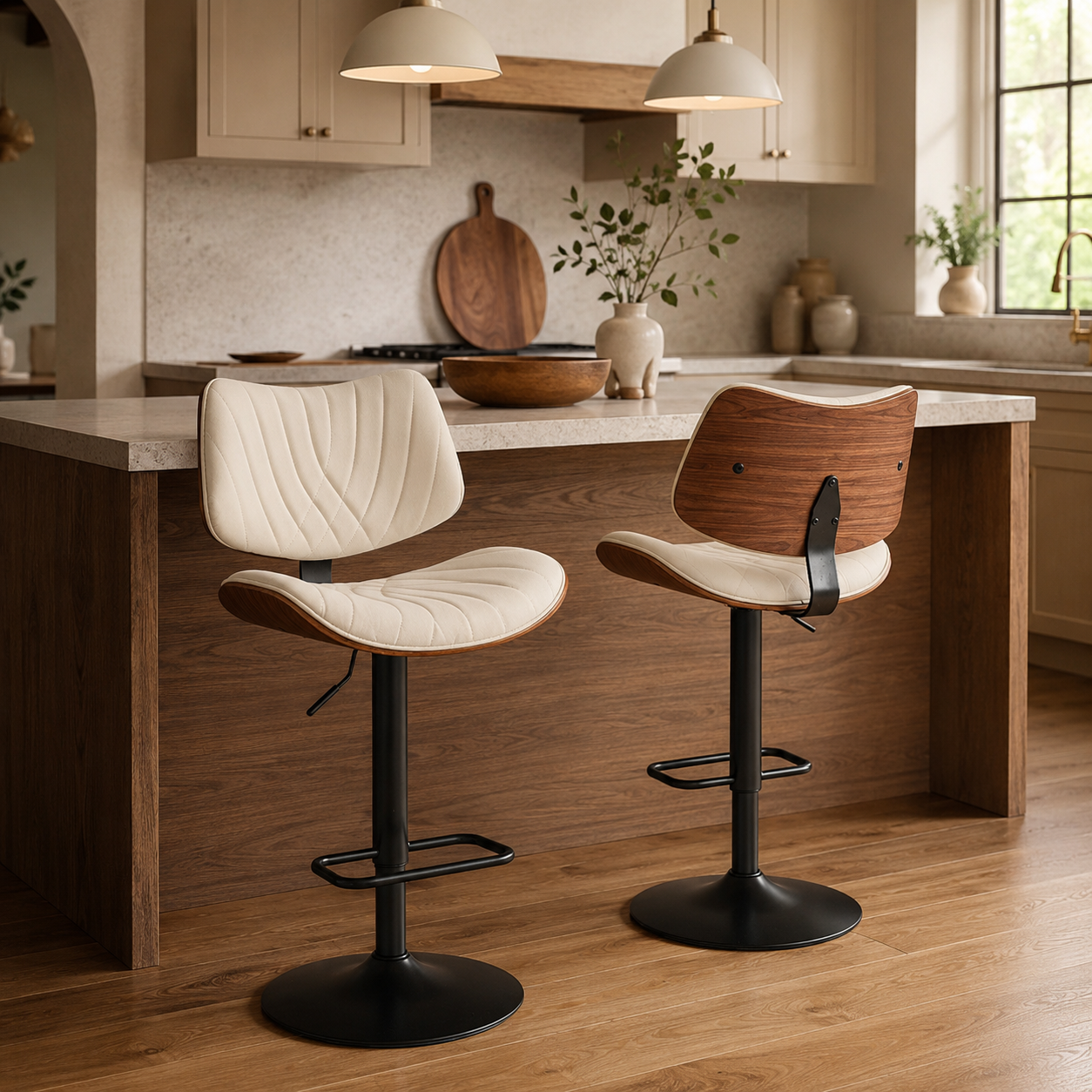 Navarra Adjustable Height Swivel Bentwood PU Leather Upholstered Bar Stools Set of 2