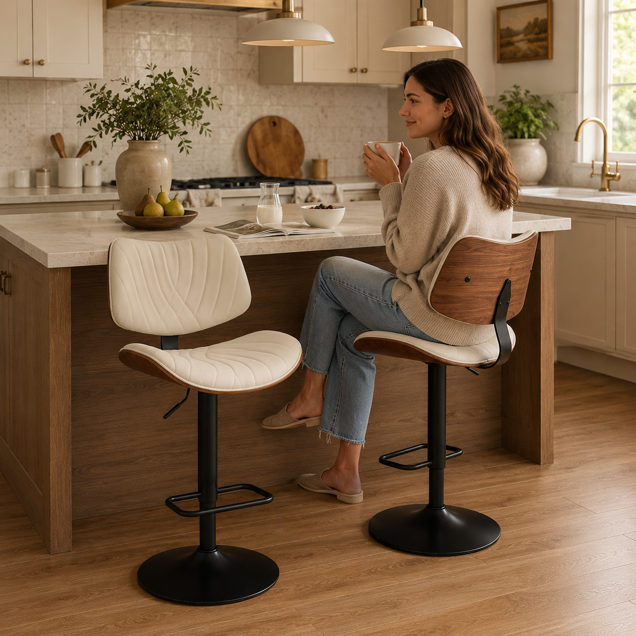 Navarra Adjustable Height Swivel Bentwood PU Leather Upholstered Bar Stools Set of 2