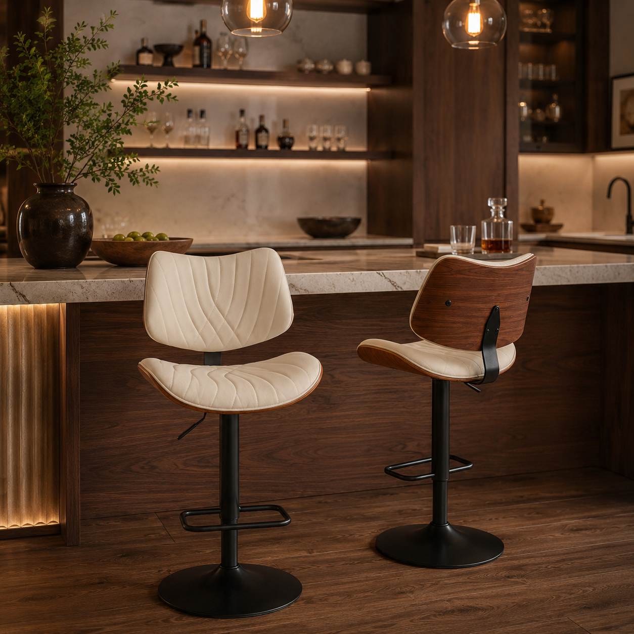 Navarra Adjustable Height Swivel Bentwood PU Leather Upholstered Bar Stools Set of 2
