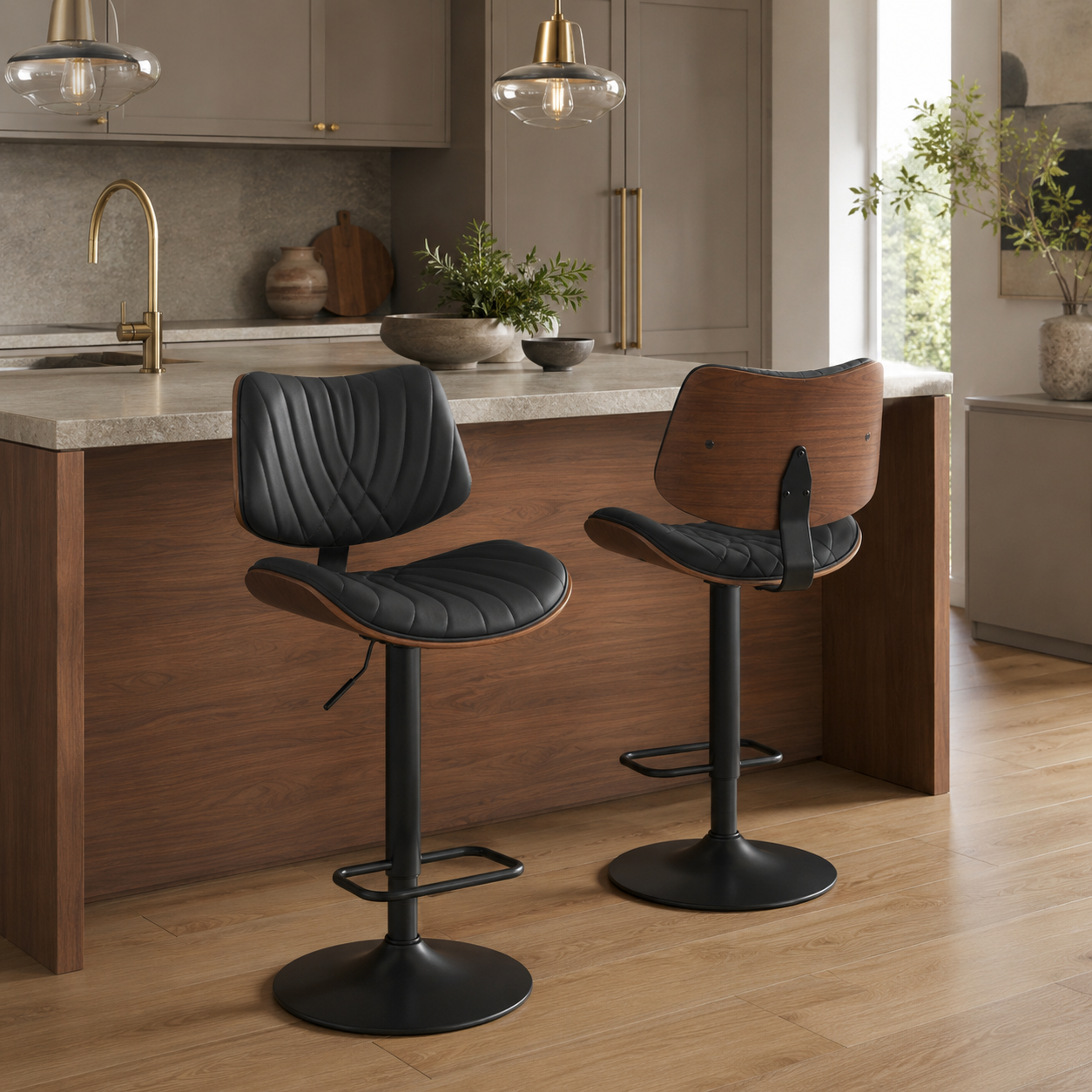 Navarra Adjustable Height Swivel Bentwood PU Leather Upholstered Bar Stools Set of 2