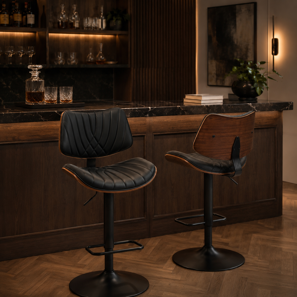 Navarra Adjustable Height Swivel Bentwood PU Leather Upholstered Bar Stools Set of 2