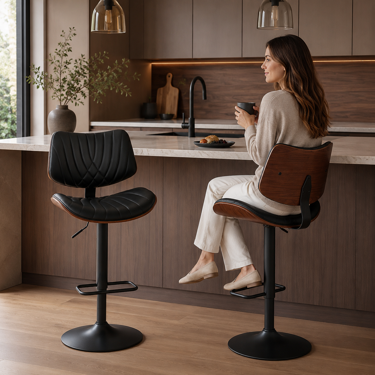 Navarra Adjustable Height Swivel Bentwood PU Leather Upholstered Bar Stools Set of 2