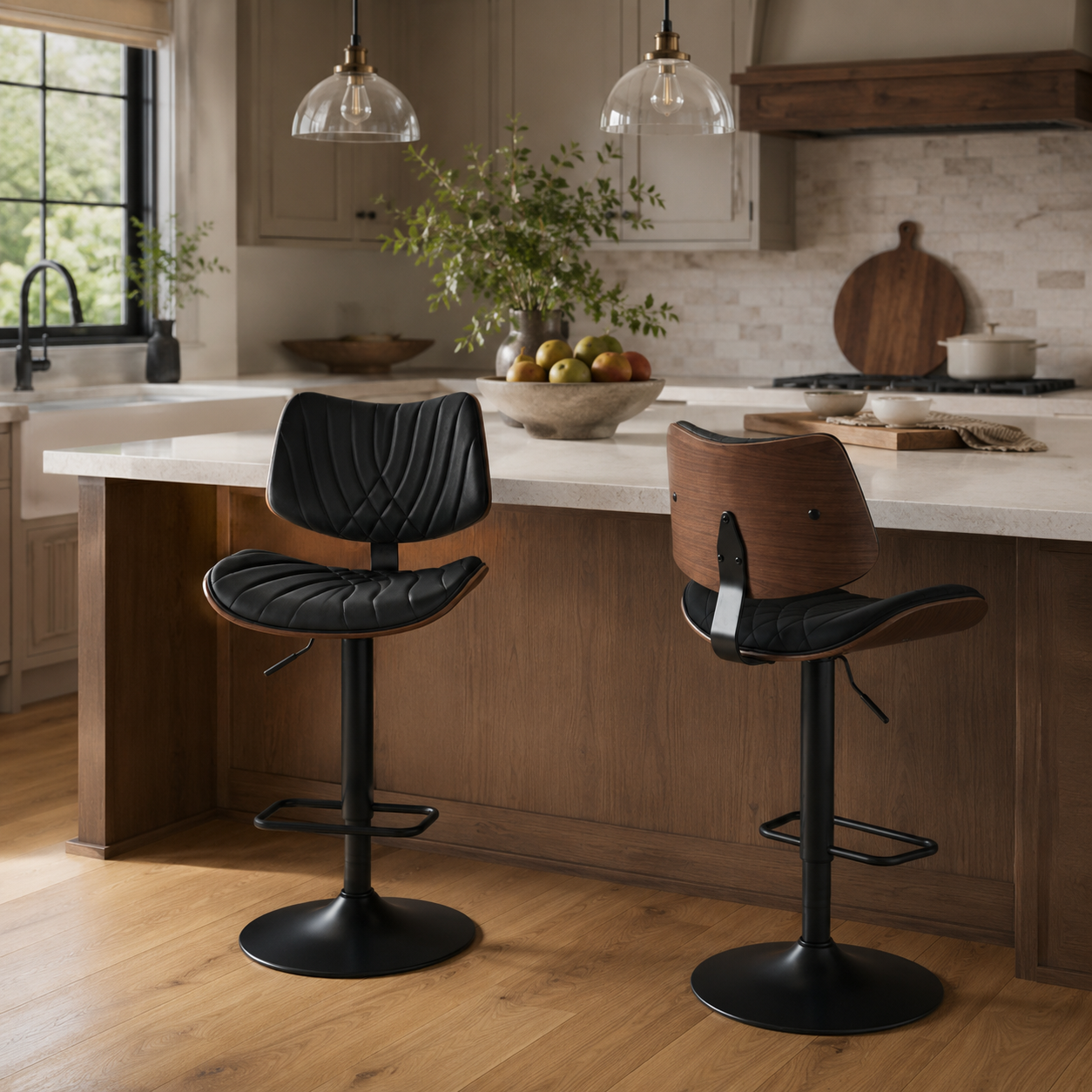 Navarra Adjustable Height Swivel Bentwood PU Leather Upholstered Bar Stools Set of 2