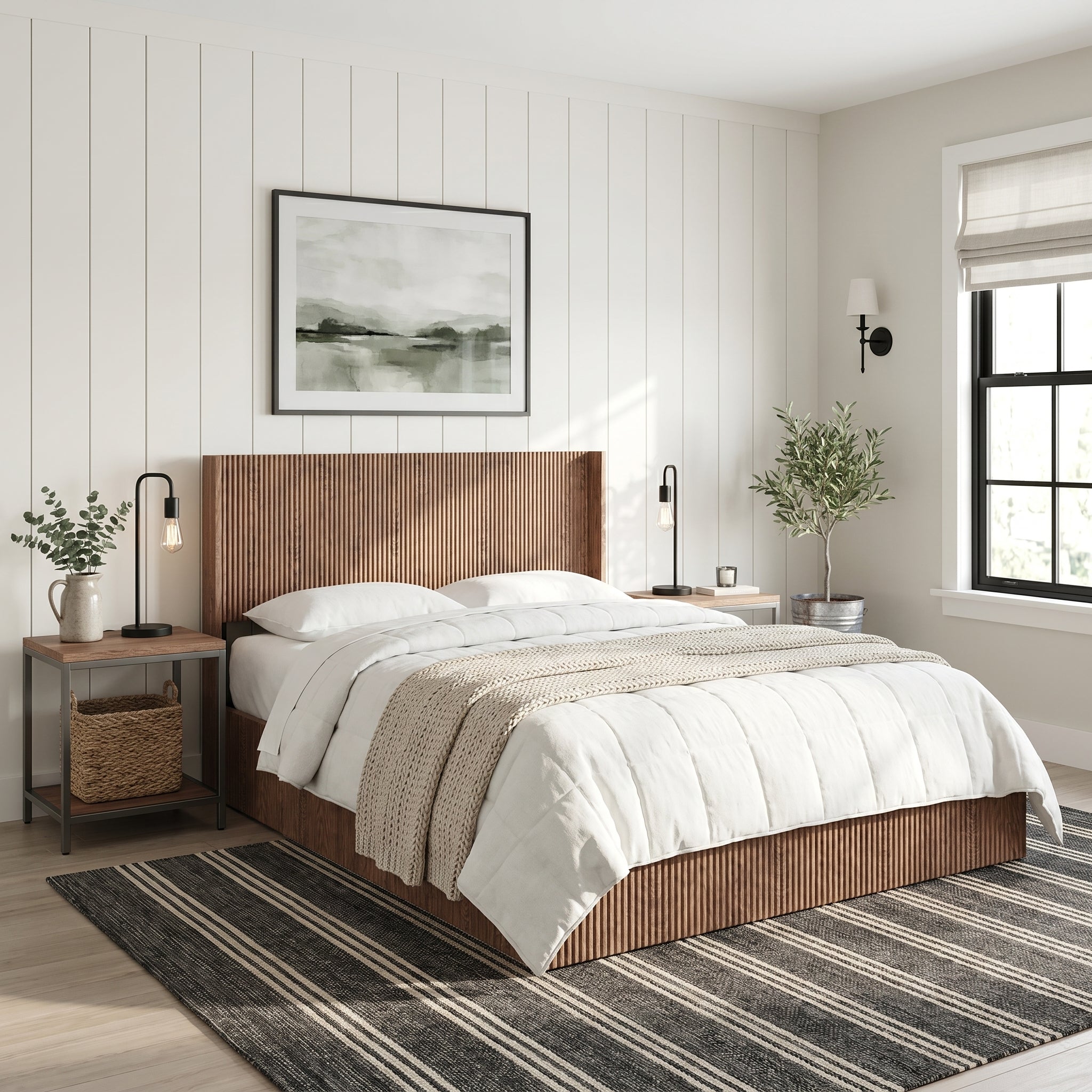 Noria Wood King Lift-Up Storage Bed with Fluted Headboard