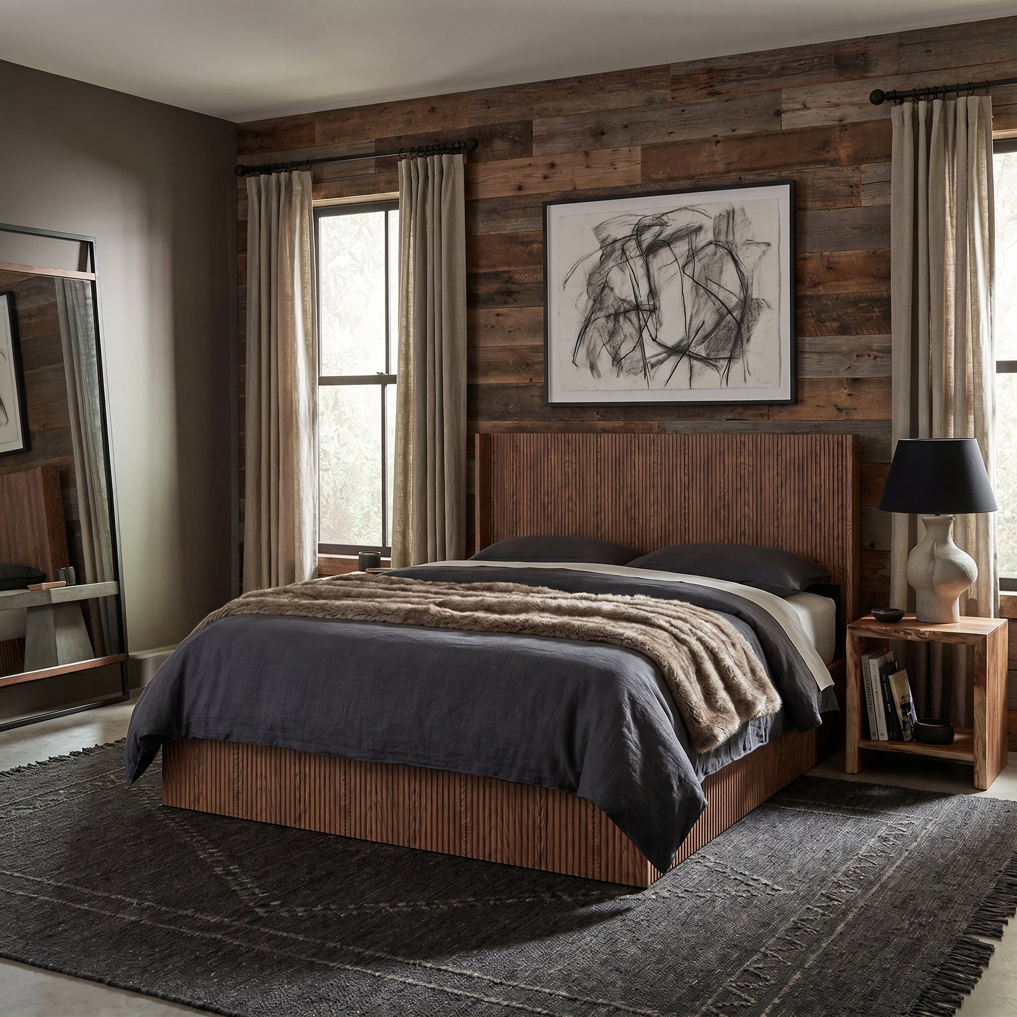 Noria Wood King Lift-Up Storage Bed with Fluted Headboard