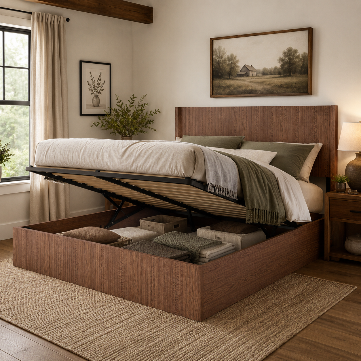 Noria Wood King Lift-Up Storage Bed with Fluted Headboard