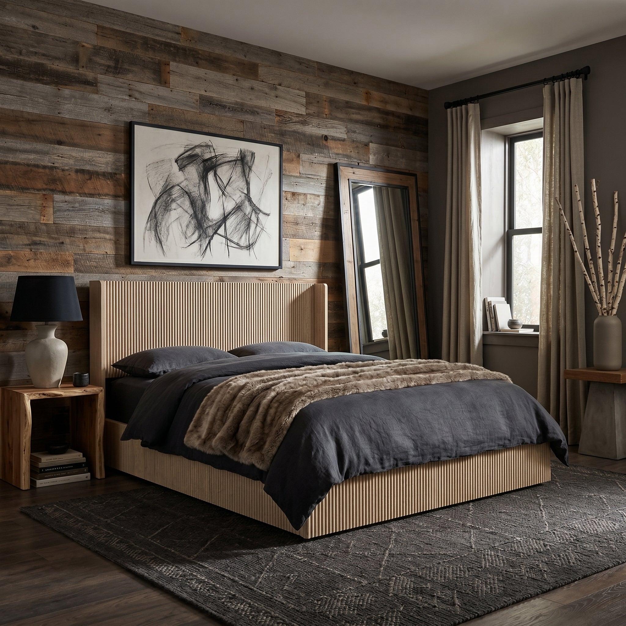 Noria Wood King Lift-Up Storage Bed with Fluted Headboard